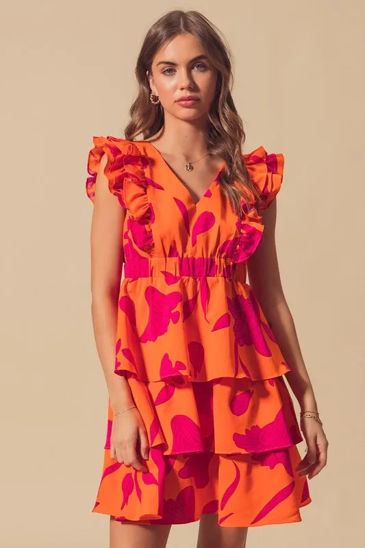 Stylish Orange Layered Resort Dress with Elastic Waist - Perfect for Beach Vacations, Summer Parties & Tropical Getaways