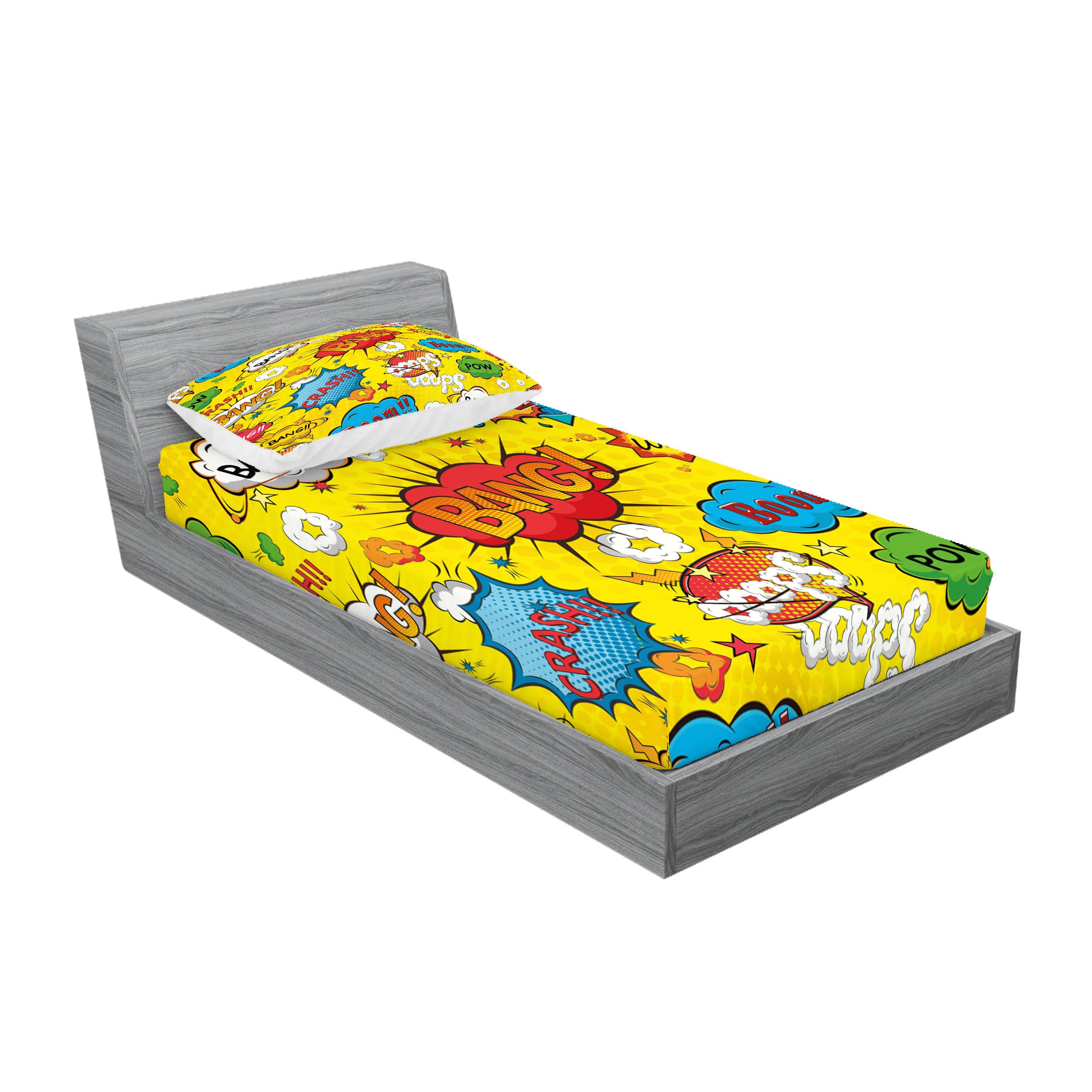 Superhero Fitted Sheet & Pillow Sham Set - Funky Vivid Bang Boom Bam Pow Fiction Design - 2 Piece Printed Bedding Decor for Twin Size - Perfect for Kids' Rooms, Themed Bedrooms & Comic Book Lovers