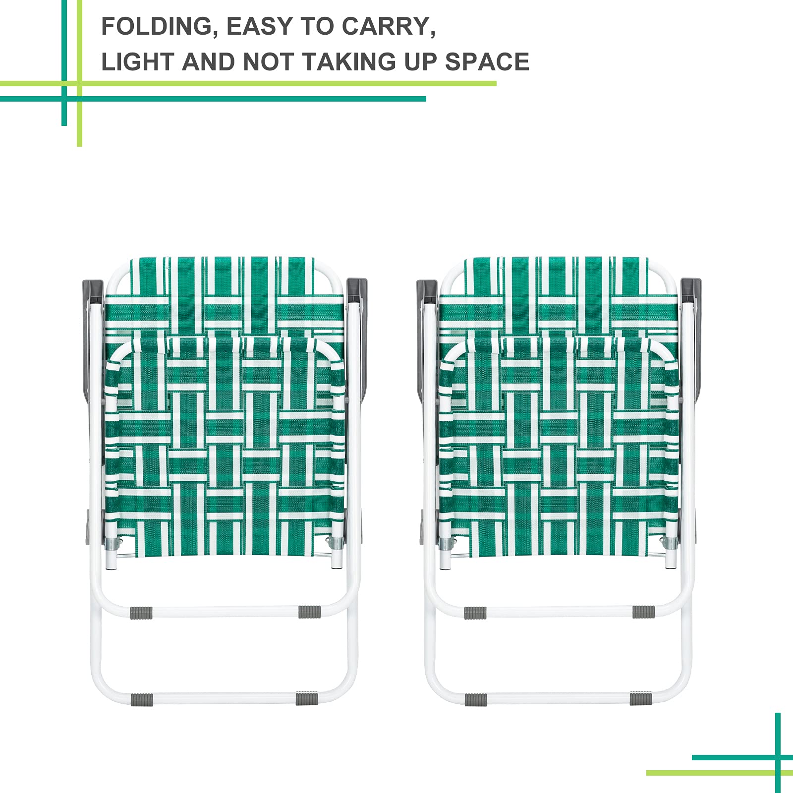 HomVent Folding Beach Chair - 2-Pack Light Green Outdoor Camping Chairs with Gray Armrests, 260 lb Capacity - Portable Webbed Patio Chairs for Garden, Pool, Park, Beach, Picnics and Backyard Relaxation
