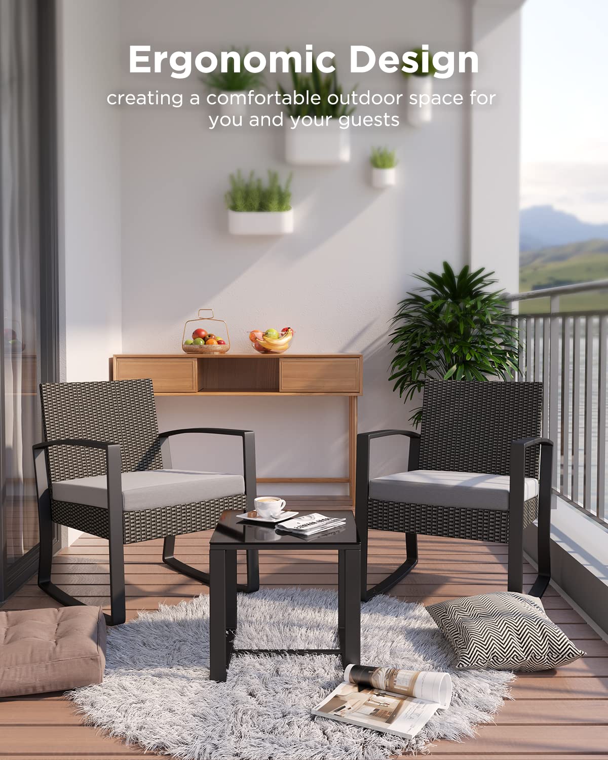 3-Piece Patio Furniture Set - Outdoor Rattan Rocking Bistro Set with Coffee Table for Garden, Balcony, Backyard & Poolside - Grey Cushion Included (Perfect for Relaxing, Entertaining & Outdoor Dining)