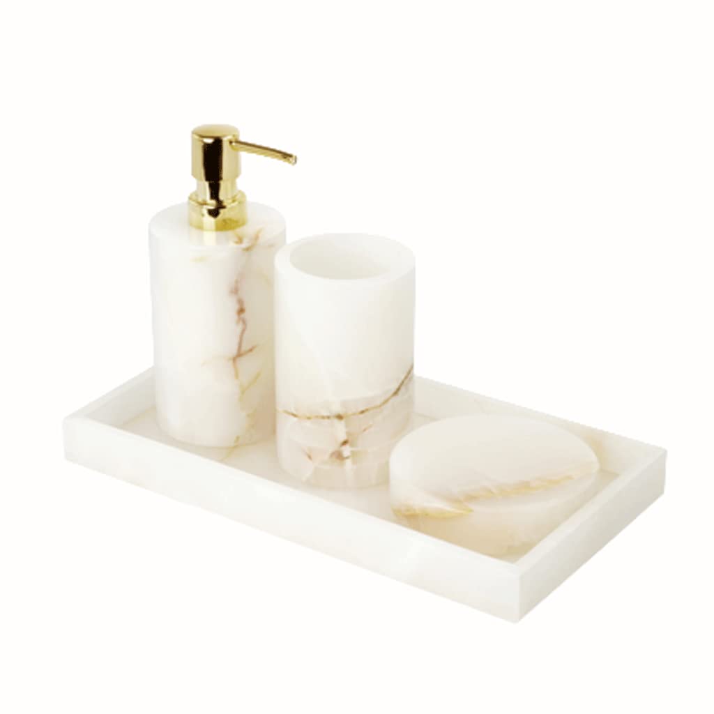 Luxury 7-Piece White Jade Marble Bathroom Accessory Set with Gold Pump - Soap Dispenser, Storage Jar, Tumbler & Reed Diffuser for Elegant Home Decor | Perfect for Master Bathrooms, Guest Suites and Spa-Style Vanities