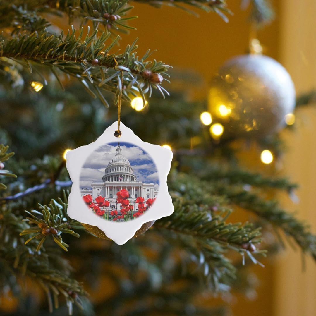 3D Rose Tulips Bloom in Front of The Capitol Building Washington DC - 3 Inch Snowflake Ornament for Christmas Tree Decor, Holiday Gift, Home & Office Decoration