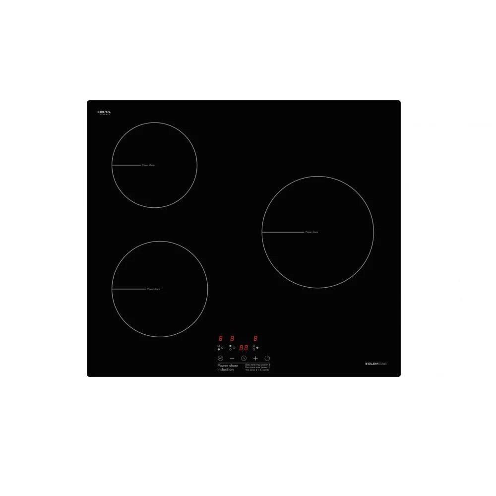 Glem GLINDPS 60cm 3 Zone Induction Cooktop with Power Share Technology - 10amp Plug Connection for Home Kitchen, Restaurant & Outdoor Cooking