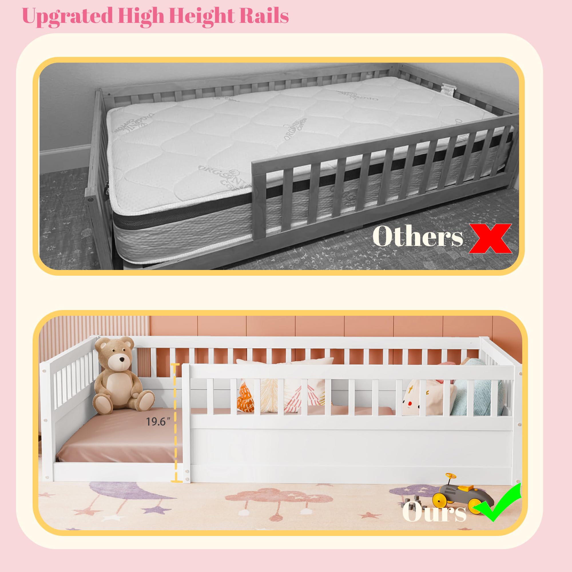 Montessori Floor Bed for Kids - Twin Size Wooden Playhouse Bed with High Safety Railings for Baby Boys, Girls & Teens - No Slats Included - White - Perfect for Montessori Bedrooms, Playrooms & Safe Toddler Sleep Spaces