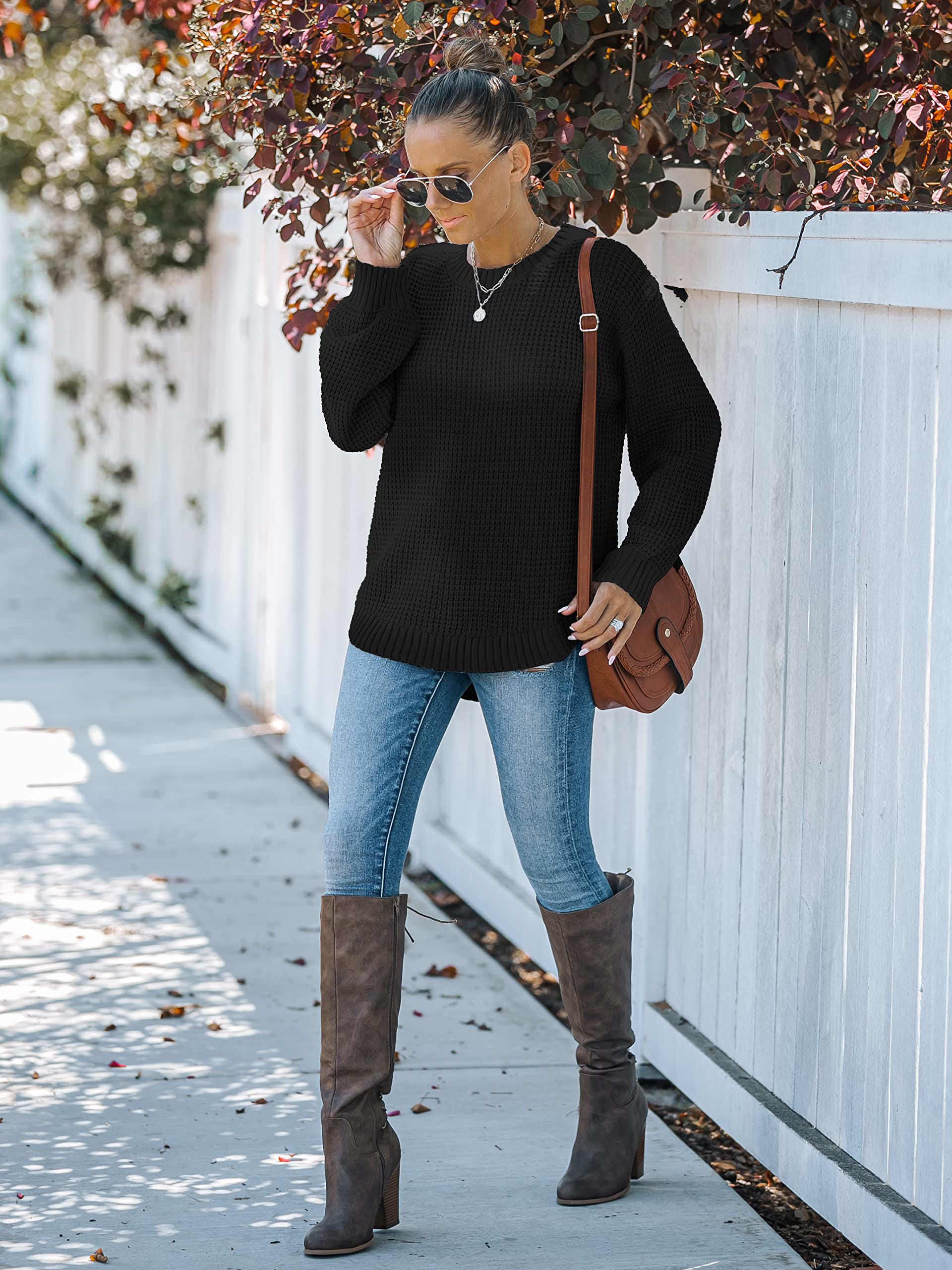 MEROKEETY Women's 2024 Fall Casual Waffle Knit Sweater - Long Balloon Sleeve Loose Pullover Jumper - Cozy Autumn Outfit for Work, Date & Weekend Wear