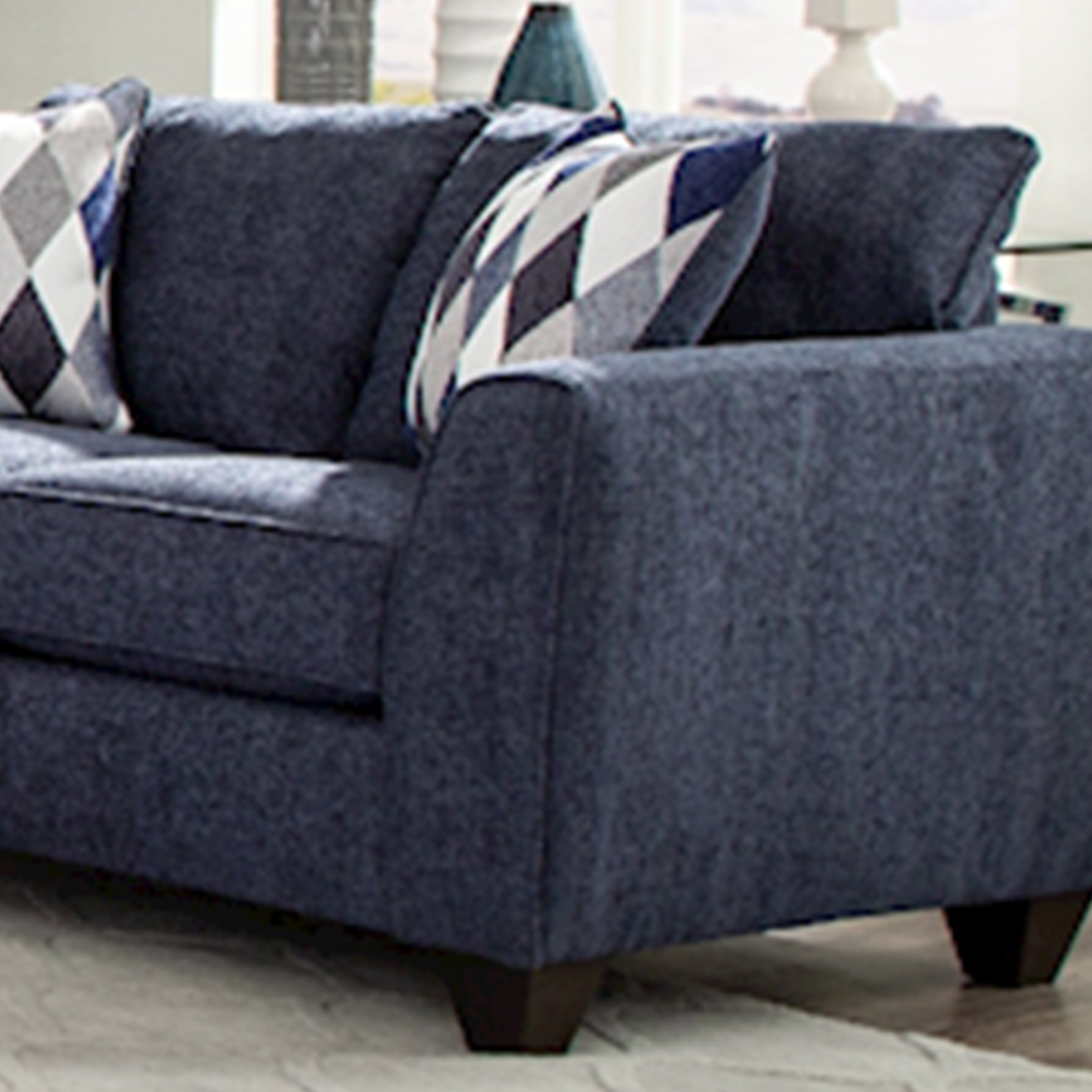 Modern Indigo Fabric Pillow Back Loveseat - Stylish Contemporary Two-Seater Sofa for Living Room, Lounge & Small Spaces