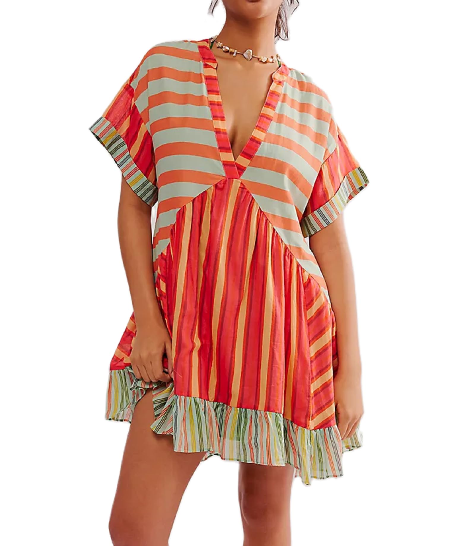 Bohemian Floral Mini Dress for Women - Boho Puff Sleeve Flowy Sundress with V Neck & Ruffle Detail | Perfect for Summer Beach Vacations, Music Festivals and Casual Outings