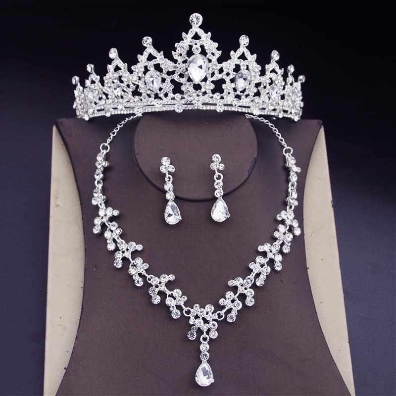 Elegant Crystal Wedding Tiara Set for Women - Bridal Hair Jewelry with Earrings & Necklace - Imitation Rhodium Plated Crown (Perfect for Weddings, Prom, Pageants & Special Occasions)