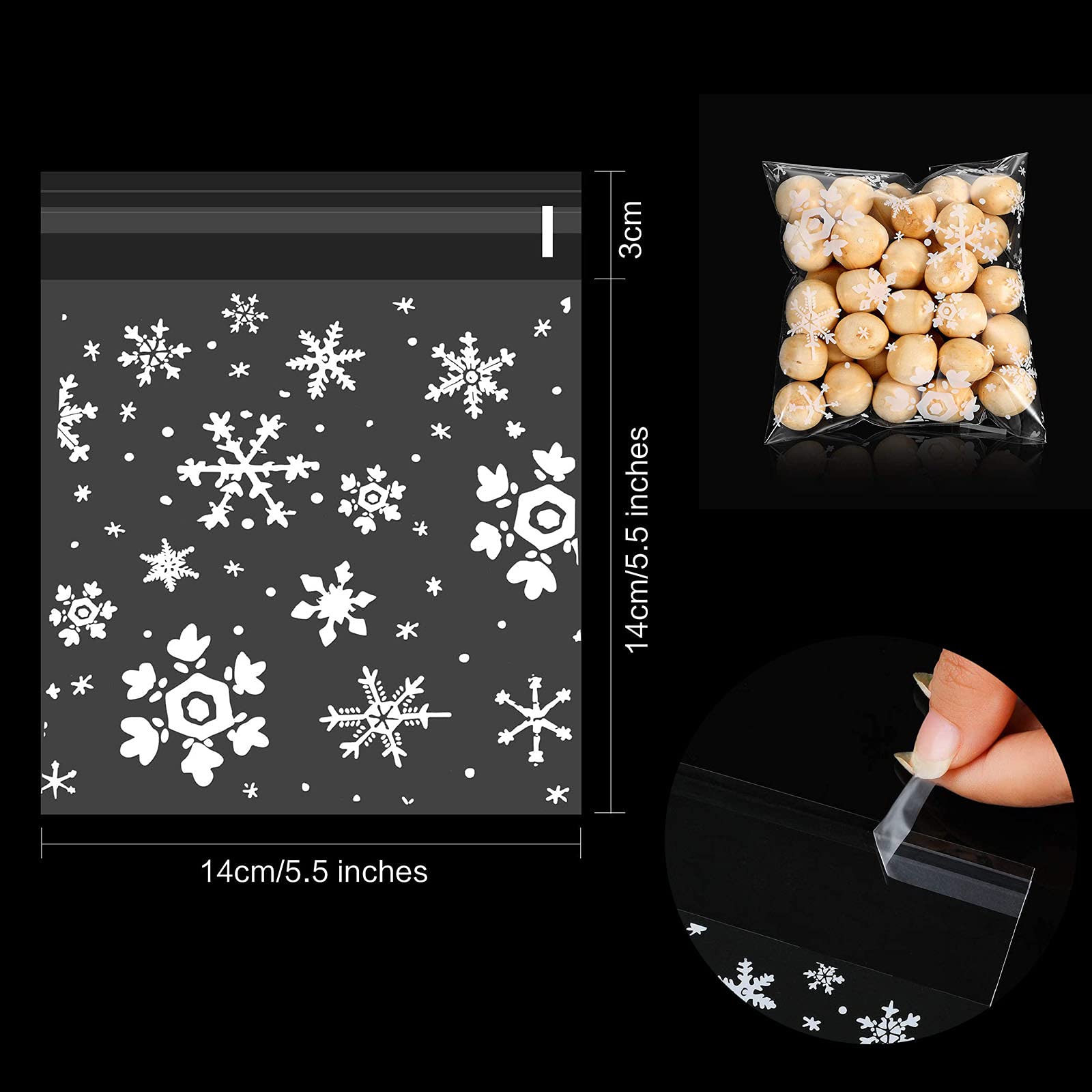 200PCS 5.5x5.5 inch Clear Christmas Cookie Bags with Snowflake Design - Resealable Self Sealing Treat Bags for Biscuits, Candy, Bakery Decorating - Perfect for Holiday Gifts, Christmas Parties & Birthday Celebrations