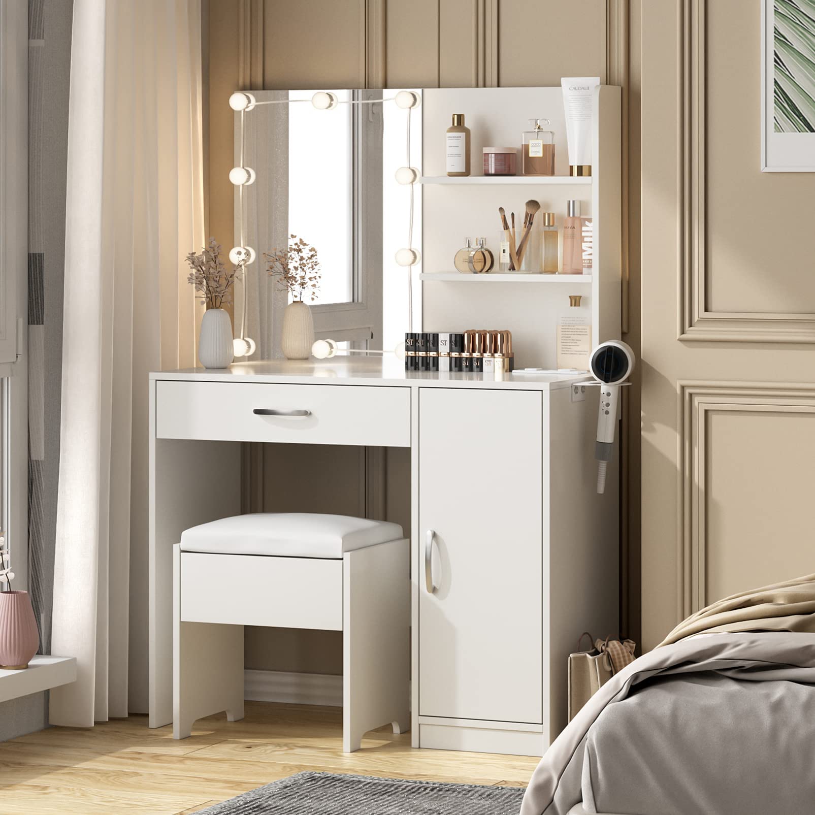 Lighted Makeup Vanity Desk with Mirror & Power Outlet - 35