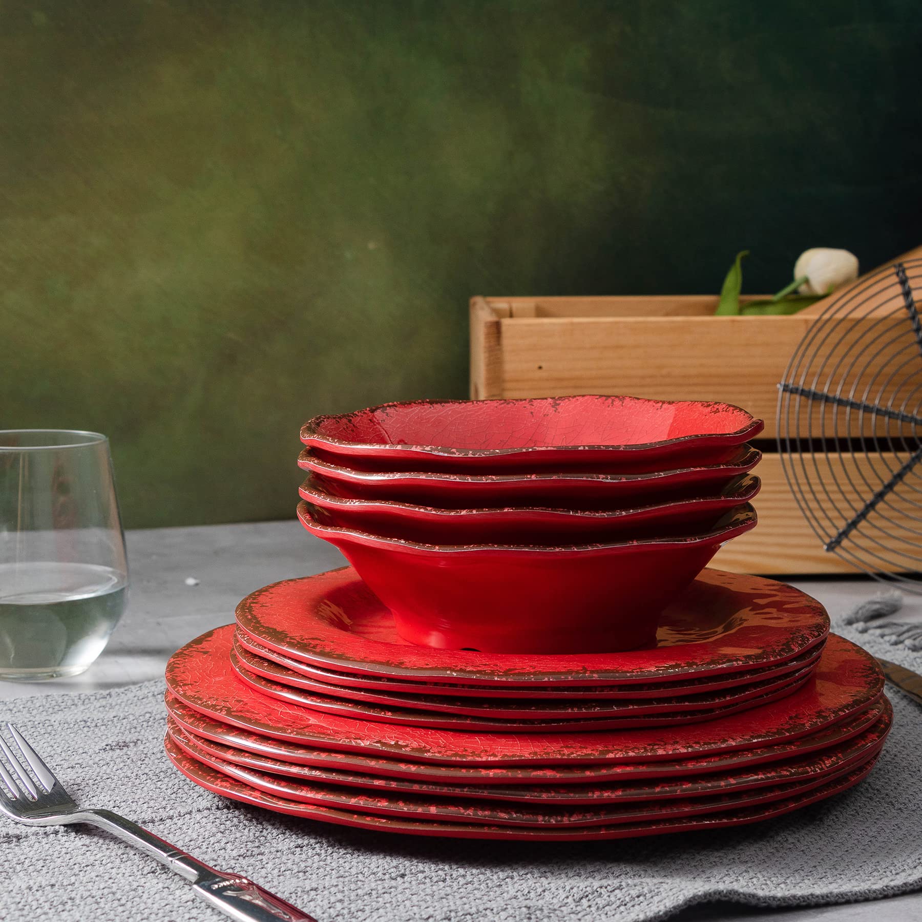 LEHAHA 12-Piece Farmhouse Dinnerware Set - Christmas Melamine Plates & Bowls for 4, Lightweight Unbreakable Dish Set - Perfect for Indoor Dining, Outdoor Parties & Picnics (Red)