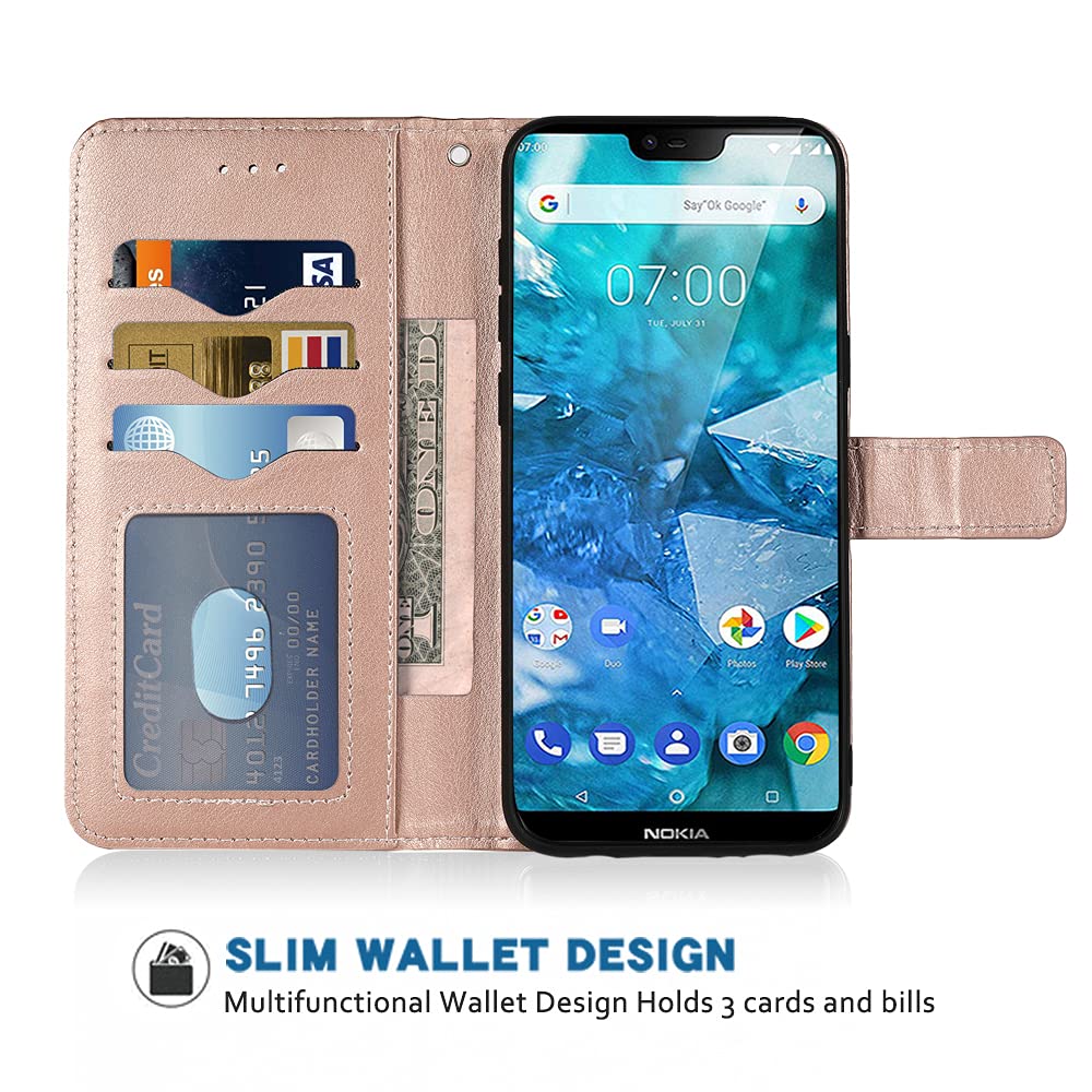 Premium Leather Wallet Case for Nokia 7.1 (TA-1085) - Flip Cover with Card Holder, Wrist Strap & Stand | Rose Gold Folio Phone Case for Women & Men | Perfect for Work, Travel & Daily Protection