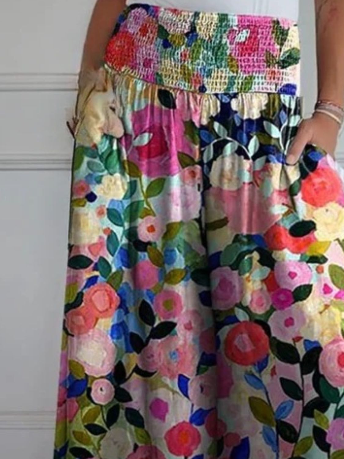 Full Size Smocked Wide Leg Pants with Pockets - Comfortable Stretchy High Waist Trousers for Women, Perfect for Office, Travel & Casual Wear