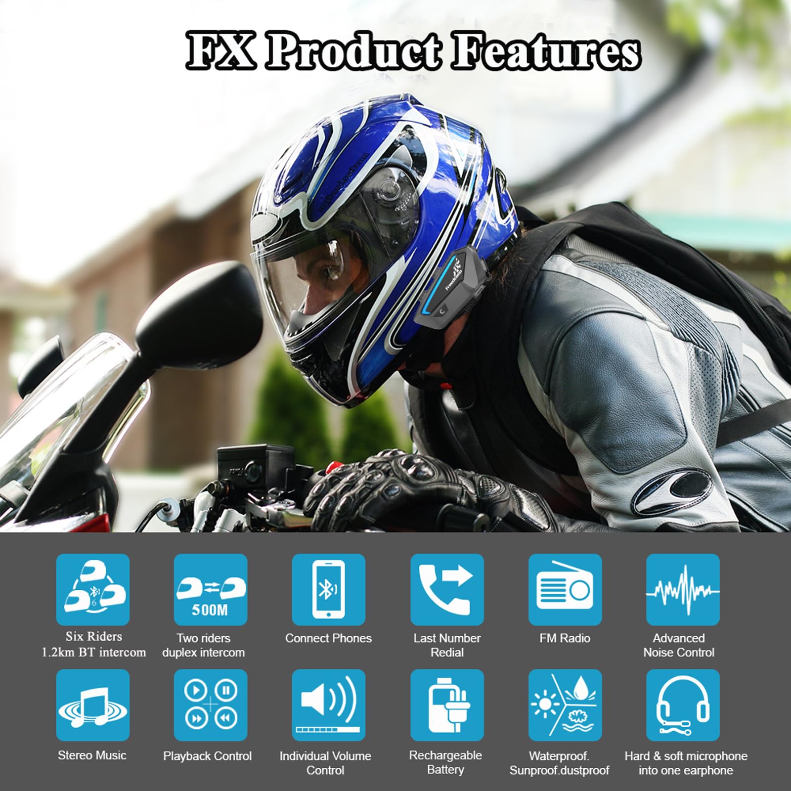 FreedConn Motorcycle Bluetooth Helmet Headset Intercom - Full Duplex Wireless Communication for 6-10 Riders, 1500m Range, FM Radio & Music Sharing - Compatible with Any Bluetooth Headset - Perfect for Group Rides, Touring & Adventure Motorcycling