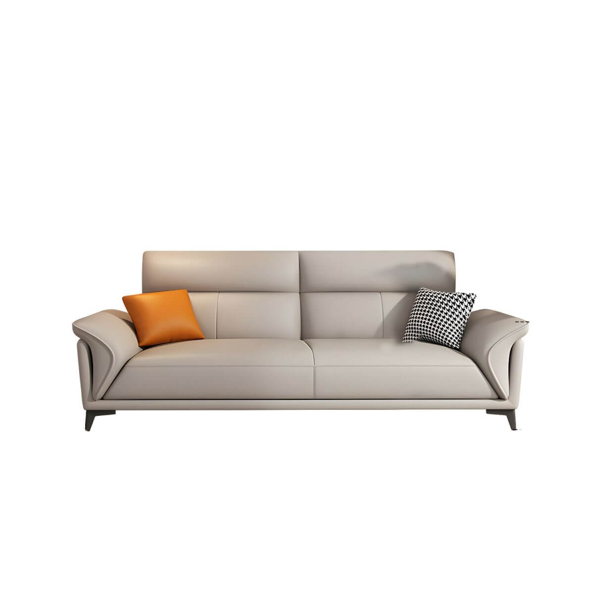 Modern Dove Grey Scratch-Resistant Solid Color Cow Leather Upholstered 4-Seater Sofa with 2 Pillows - Perfect for Living Room, Lounge, and Office Spaces