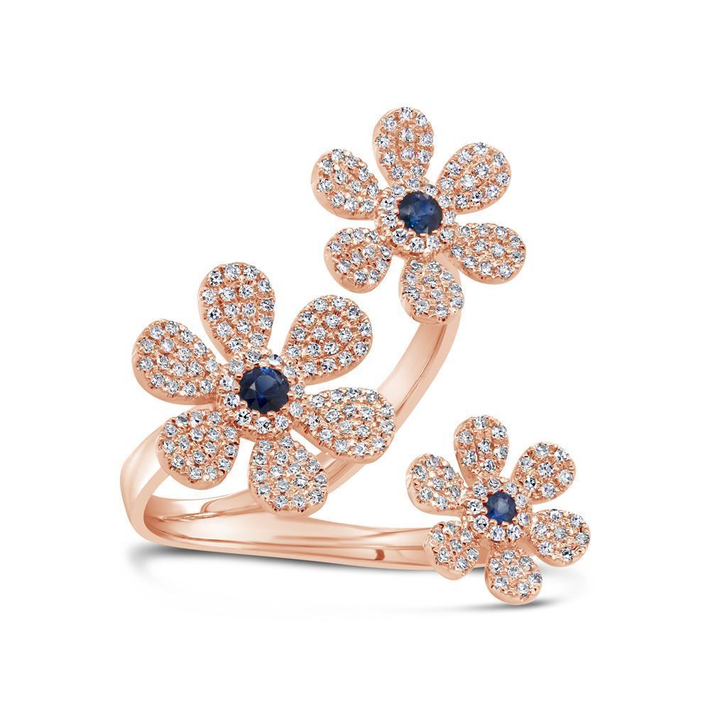 14Kt Gold 0.65 CTW Sapphire & Diamond Pavé 3 Flower Ring - Elegant Jewelry for Weddings, Anniversaries & Special Occasions