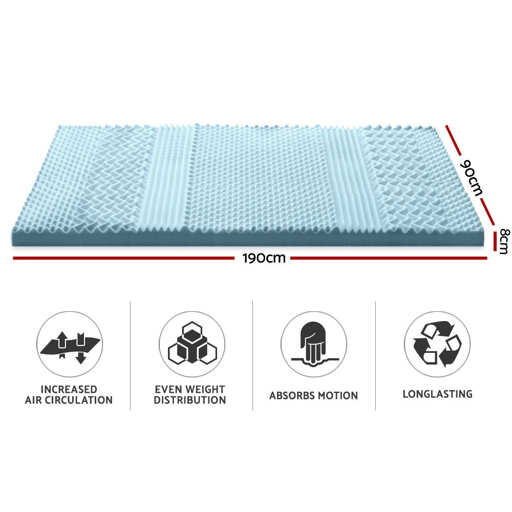 7-Zone Cooling Gel Memory Foam Mattress Topper with Breathable Bamboo Cover - 8cm Thick Single Size for Back Pain Relief & Pressure Relief - Perfect for Hot Sleepers, Side Sleepers & Bedroom Comfort
