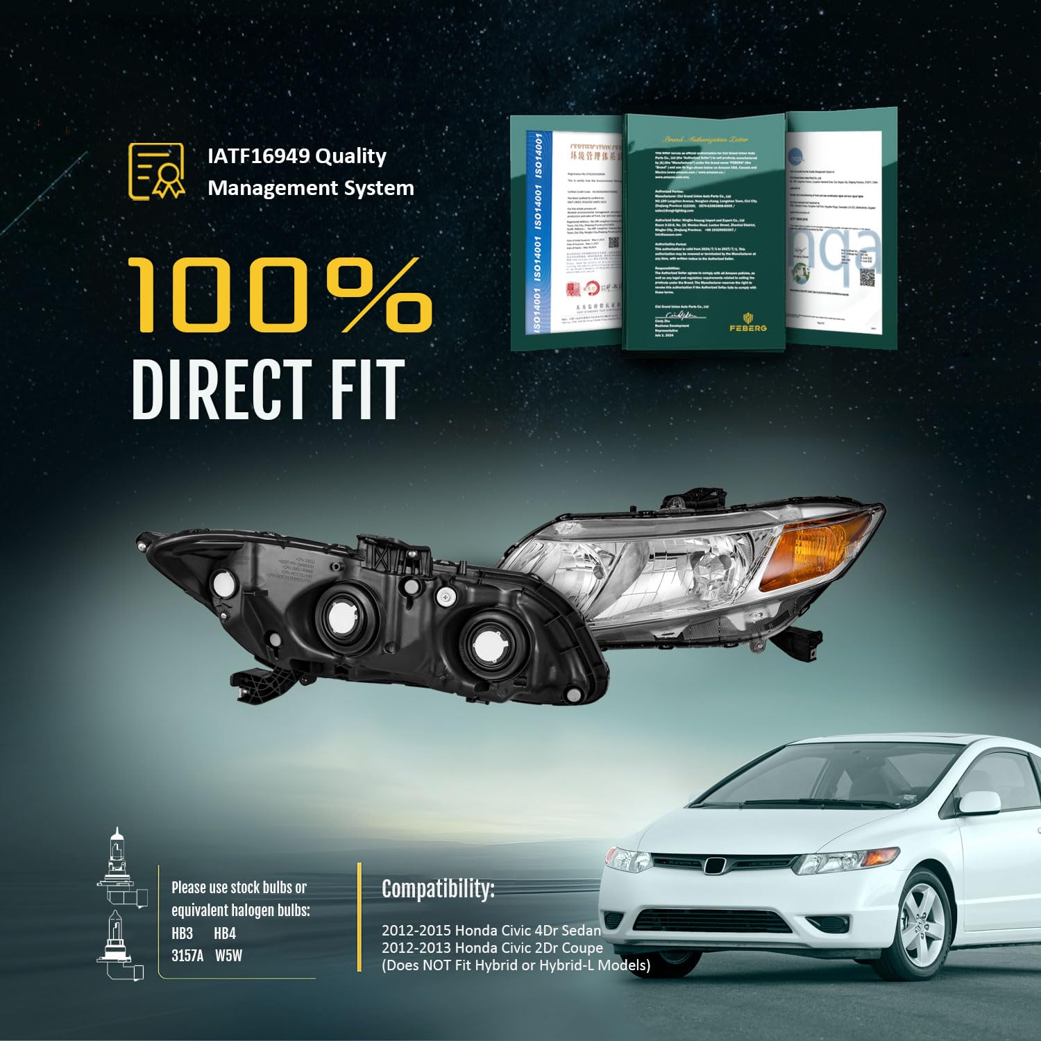 OE Style Anti-Yellowing Headlights for 2012-2015 Honda Civic - Perfect for Night Driving