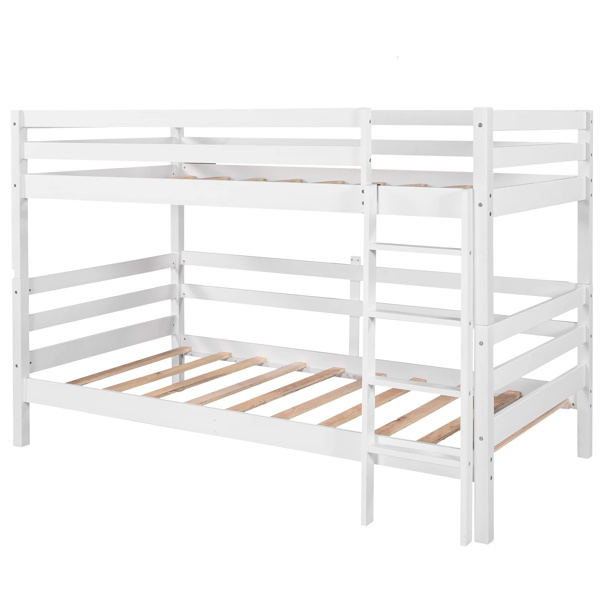 Modern Wood Twin Over Twin Bunk Bed with Ladder & Guardrails - Convertible to 2 Separate Beds for Kids & Teens - No Box Spring Needed (White & Wood Finish) - Perfect for Small Bedrooms, Guest Rooms & Dormitories
