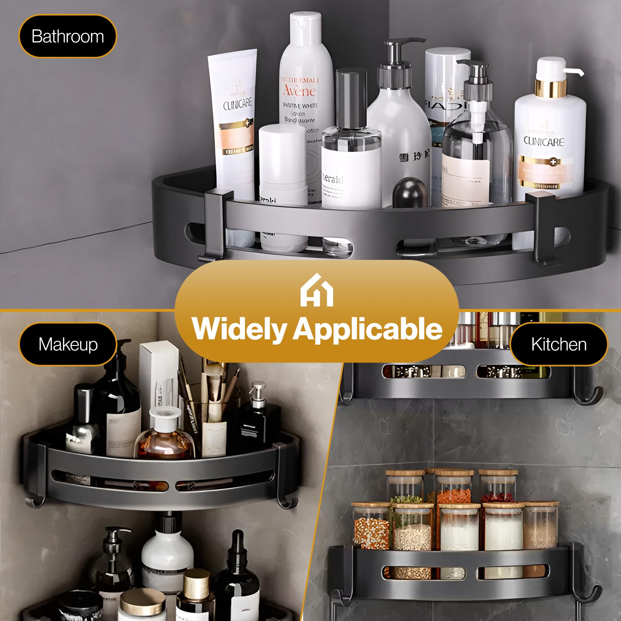 SHATROSSO® 2-Pack Black Aluminum Corner Shelf for Bathroom - No Drill Self-Adhesive Wall Mounted Bathroom Organizer - Perfect for Shower, Toilet, and Vanity Storage