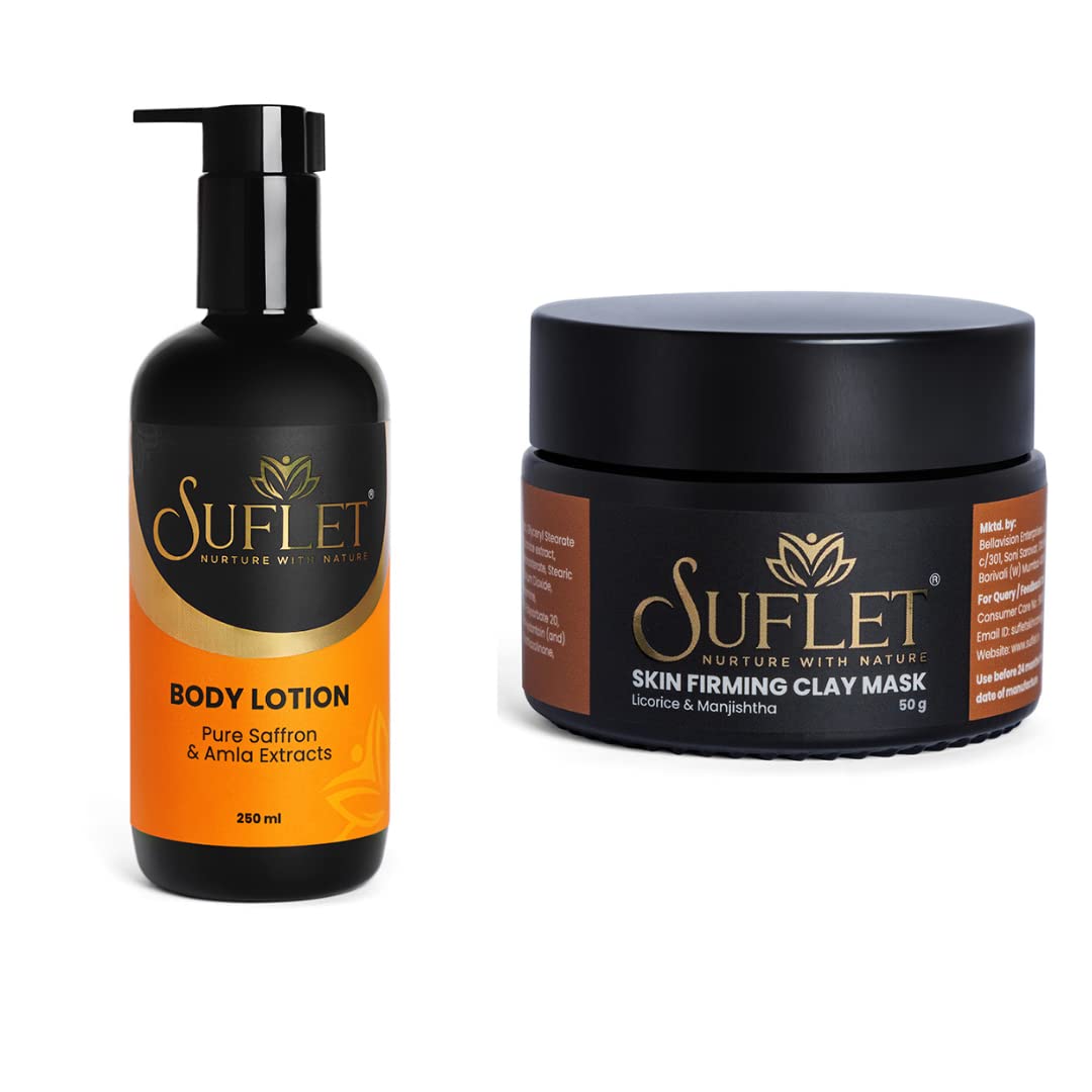 1. Suflet Moisturizing Body Lotion for Women & Men - Hydrating & Nourishing for All Skin Types - 8.5 fl oz (250ml) - Perfect for Dry Skin Care & Daily Moisturizing    2. Suflet Skin Firming Clay Mask with Licorice & Manjishtha - Deep Cleansing & Pore Refining for All Skin Types - 1.76 oz (50g) - Ideal for Detoxifying & Glowing Skin Routine