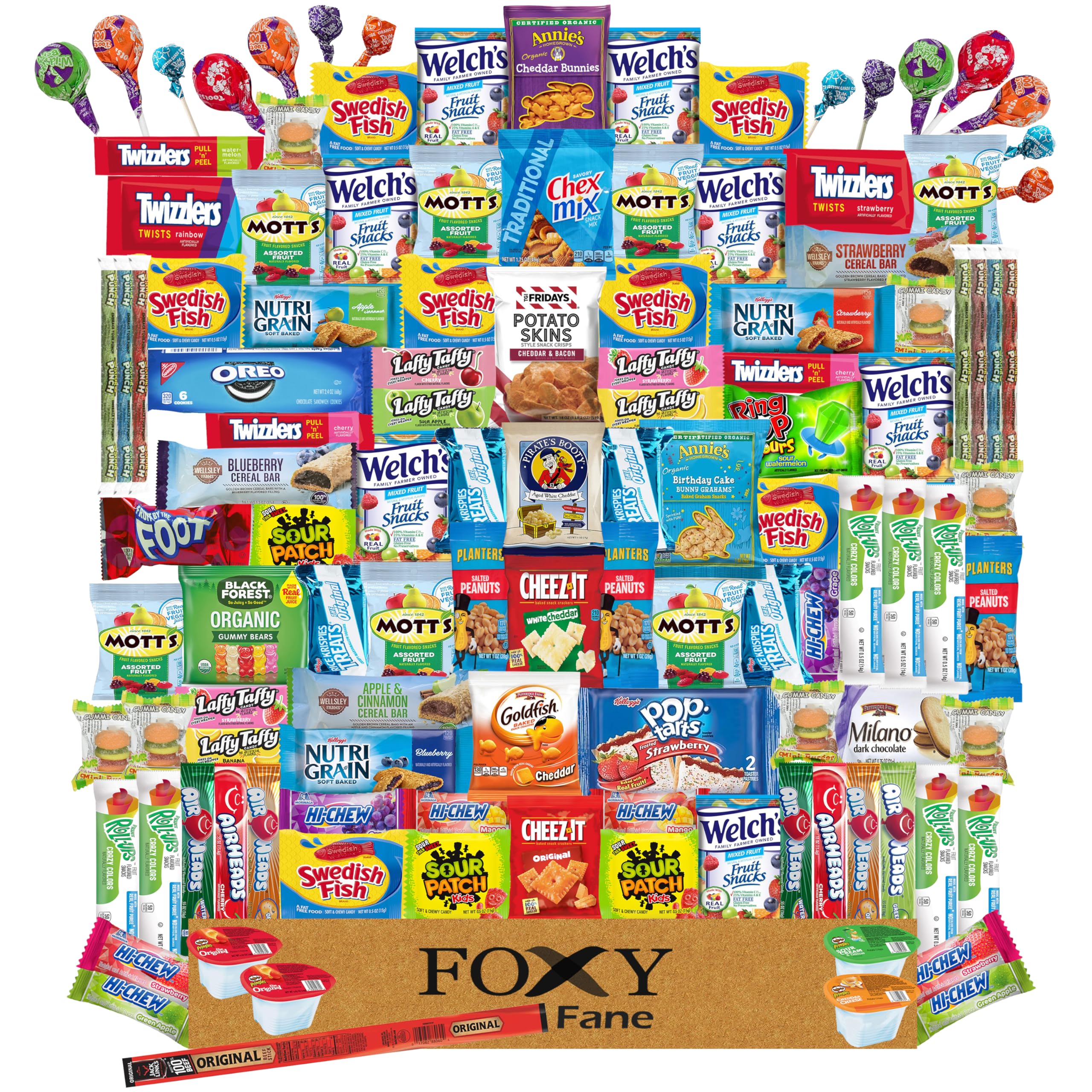 Foxy Fane 120 Count Deluxe Snack Box - Ultimate Gift Care Package with Assorted Crackers, Cookies, Candy, Chips & Snacks - Bulk Bundle of Delicious Treats (120 Snacks) | Perfect for Office Snacks, College Care Packages, Birthday Gifts & Party Favors
