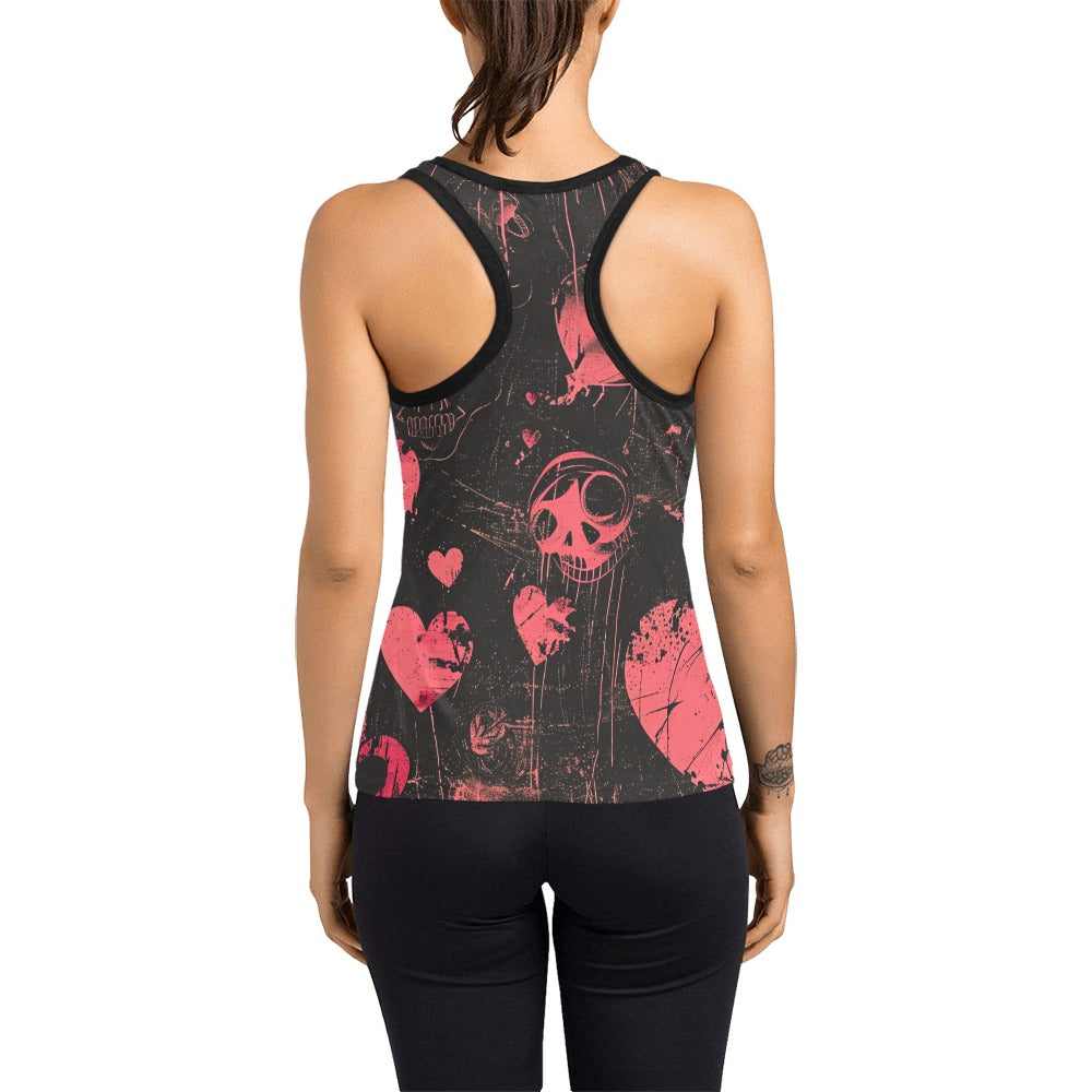 Gothic Faded Hearts Racerback Tank Top for Women - Vintage Distressed Graphic Muscle Tee - Gothic Fashion, Rocker Style, Casual Summer Outfit - Perfect for Concerts, Parties and Streetwear Looks