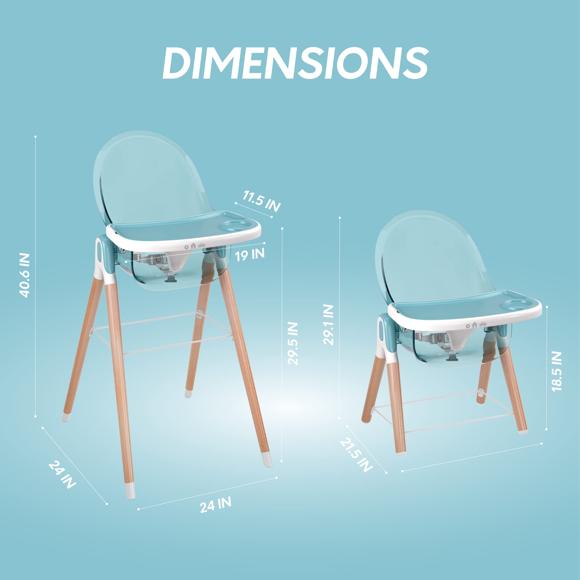 6-in-1 Deluxe Wooden High Chair for Babies & Toddlers - Modern Safe Compact Baby Highchair with Removable Tray | 3 Seat Positions & 2 Height Adjustments | Easy to Clean & Assemble | Nursery, Dining Room & Outdoor Use (Blue)