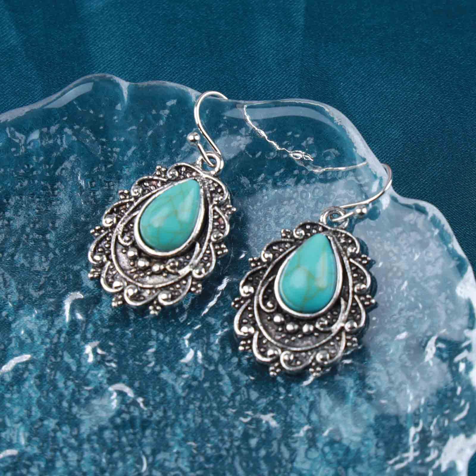 Vintage Teardrop Turquoise Drop Earrings for Women - Sterling Silver Dangle Hook Earrings with Blue Gemstone, Oval Turquoise Stone Jewelry - Perfect for Parties, Weddings & Boho Fashion
