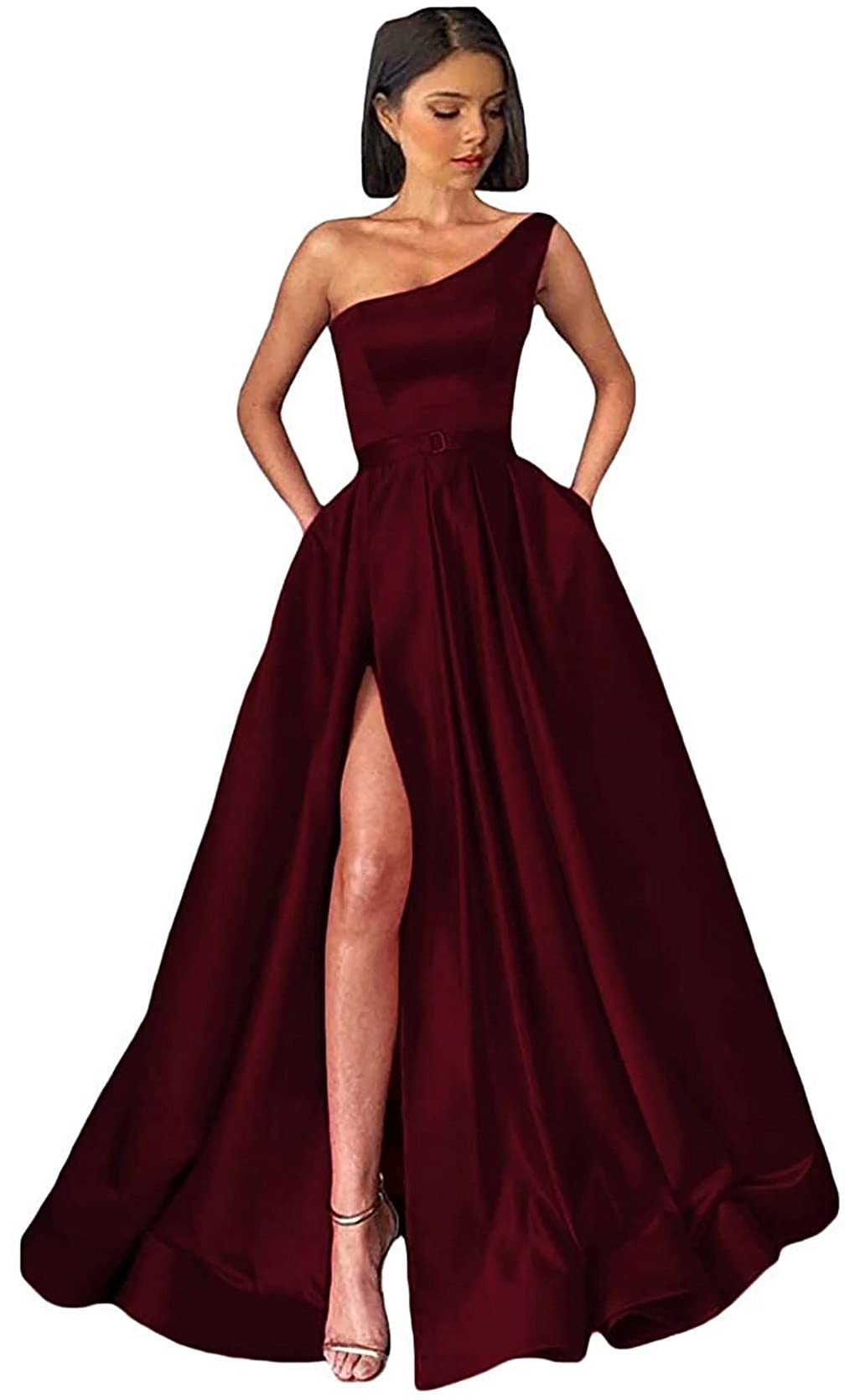 ANGELWARDROBE Women's Long One Shoulder Prom Dress - A-Line Satin Formal Evening Gown with Thigh High Slit & Pockets for Homecoming, Wedding Guest, Cocktail Party & Special Occasions
