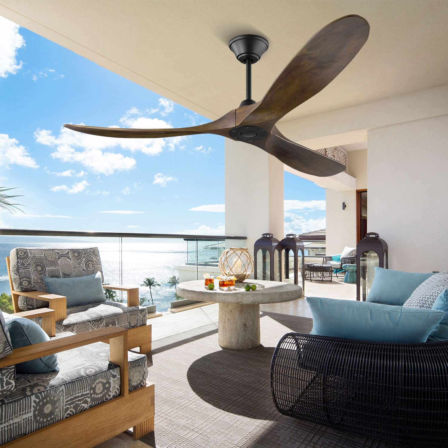 52 Inch Outdoor Wood Ceiling Fan Without Light - Remote Control, 3 Blades Moisture-Proof DC Motor - 6 Speed Silent Operation for Bedroom, Patio, Kitchen & Living Room - Perfect for Indoor/Outdoor Cooling & Air Circulation