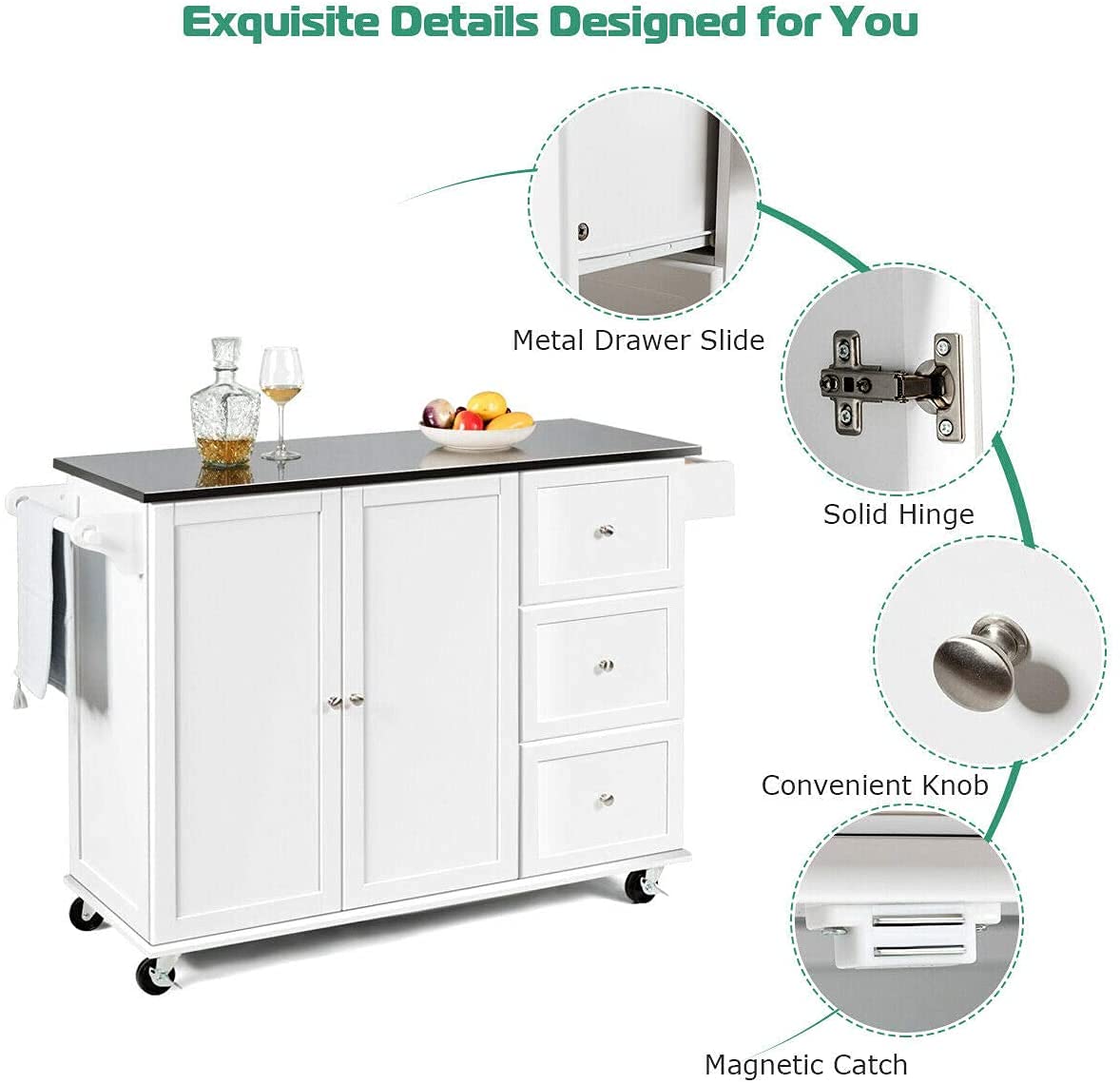 Stainless Steel Kitchen Cart on Wheels with Adjustable Shelves, Spice Rack & Storage Cabinet - Mobile Kitchen Island with 3 Drawers for Dining Room, Living Room & Small Spaces - Perfect for Cooking, Entertaining & Extra Counter Space