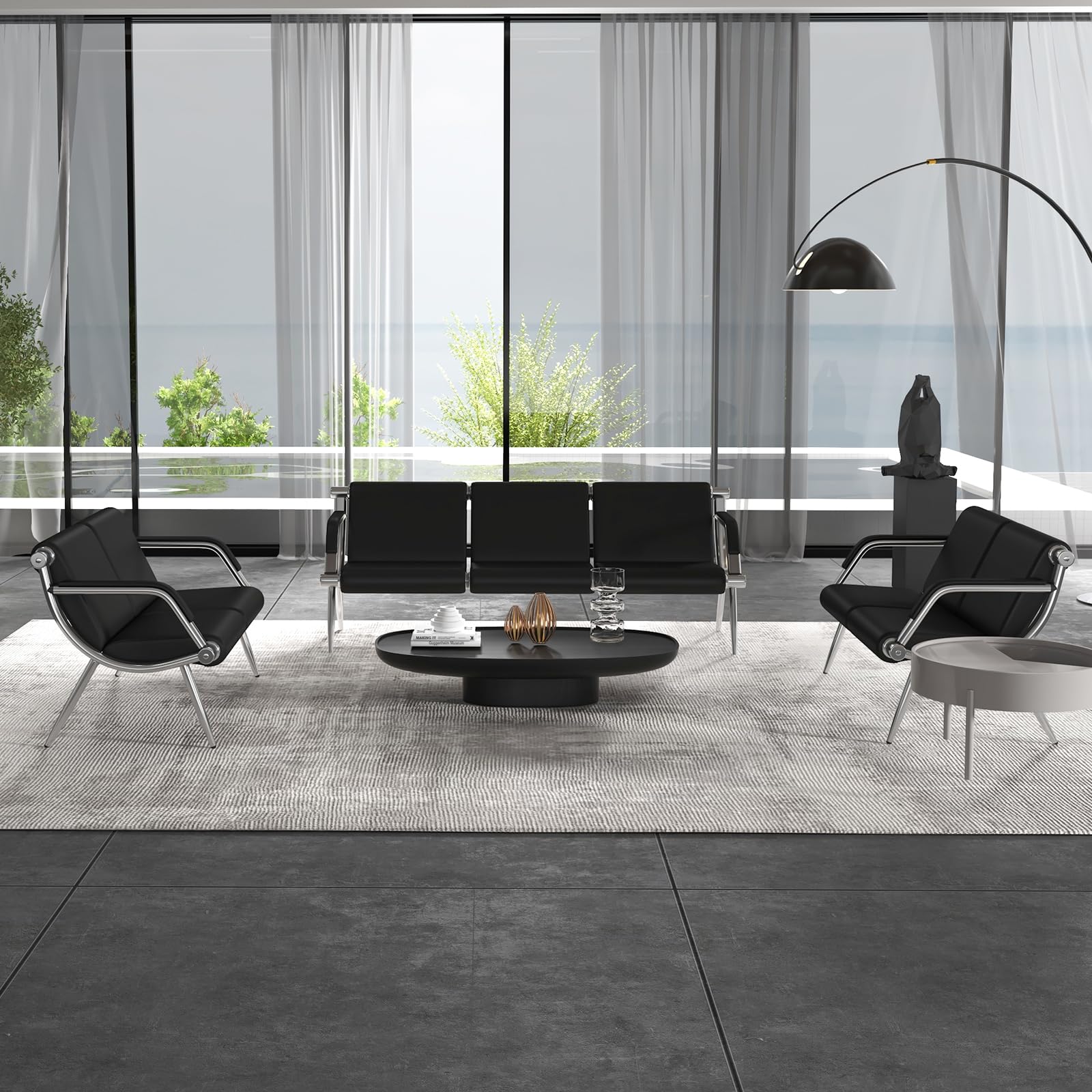 Kinpaw Leather Waiting Room Chairs - Heavy Duty Reception Bench with Padded Arms & Backrest, Black Office Conference Chairs for Meeting Rooms, Lobby Seating and Professional Workspaces