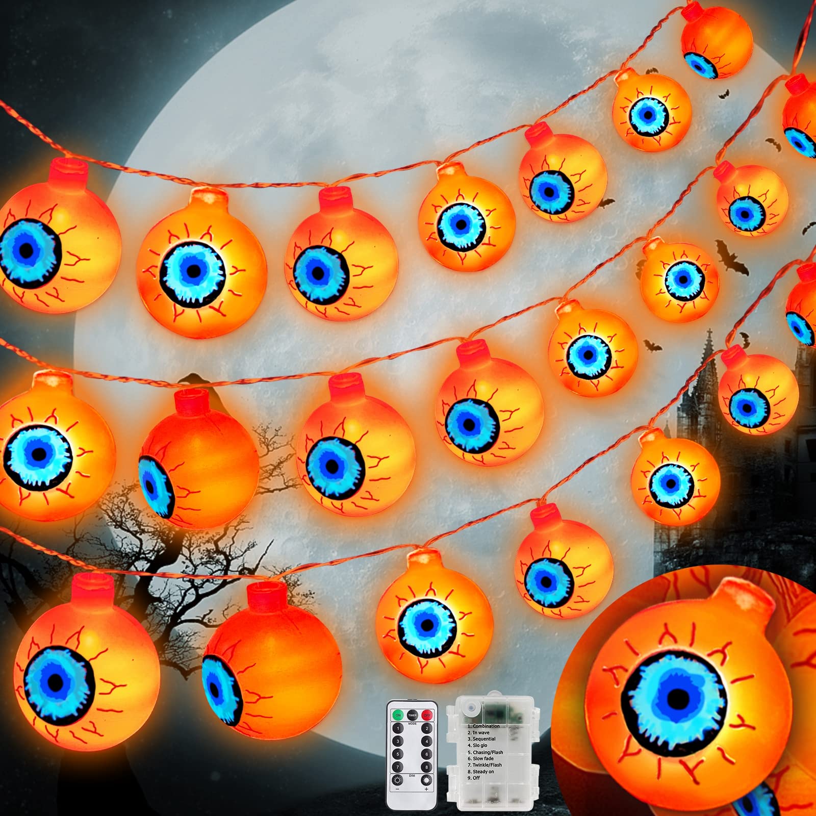 60 LED Halloween Eyeball String Lights - 29.5 Ft with 8 Modes & Timer, Remote Control, Waterproof, Battery Operated - Scary Orange Decor for Indoor/Outdoor Halloween Party, Haunted House, Yard, Porch, and Garden Decorations