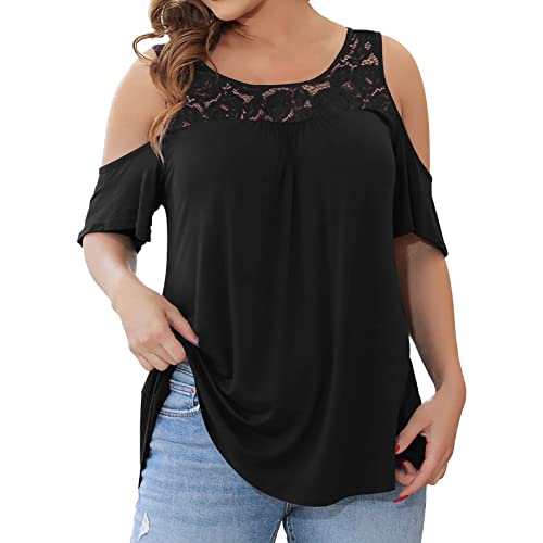Plus Size Off Shoulder Lace Tunic Top for Women - Summer Short Sleeve Blouse to Wear with Leggings | Casual Outfit, Beach Wear & Vacation Essentials