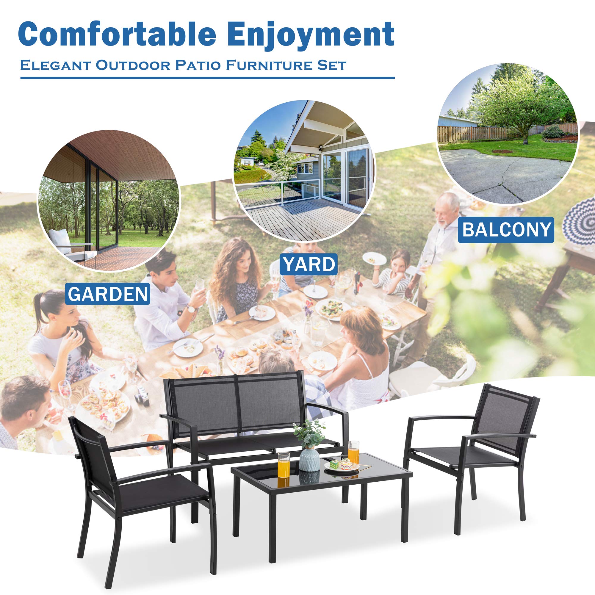 Vongrasig 4-Piece Outdoor Patio Furniture Set - Modern Textilene Bistro Set with Loveseat & Glass Coffee Table - Black Patio Conversation Set for Lawn, Balcony, Garden or Poolside Relaxation