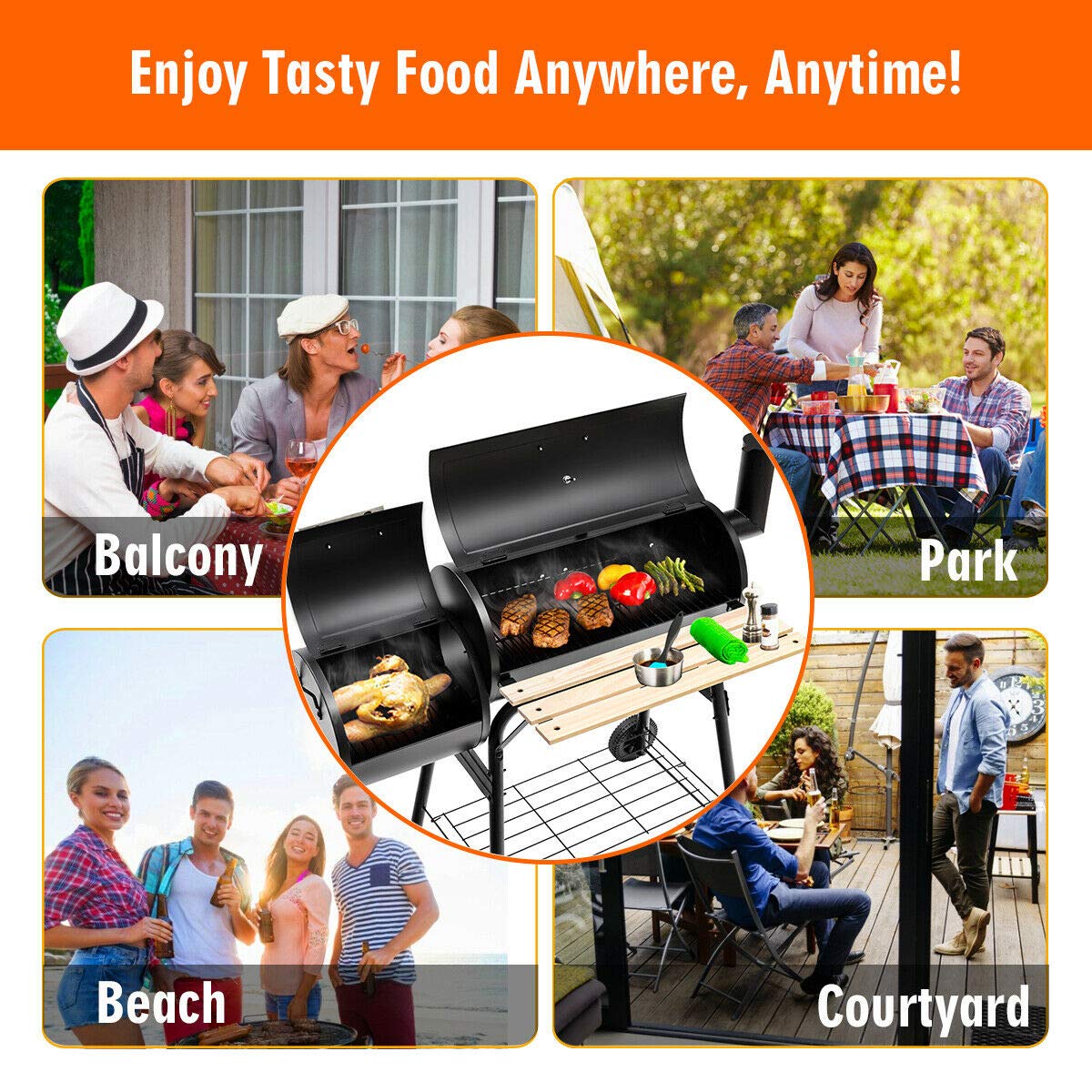 Premium Offset Smoker Grill - Heavy Duty Stainless Steel Charcoal BBQ for Outdoor Cooking, Backyard Patio, Camping & Tailgating