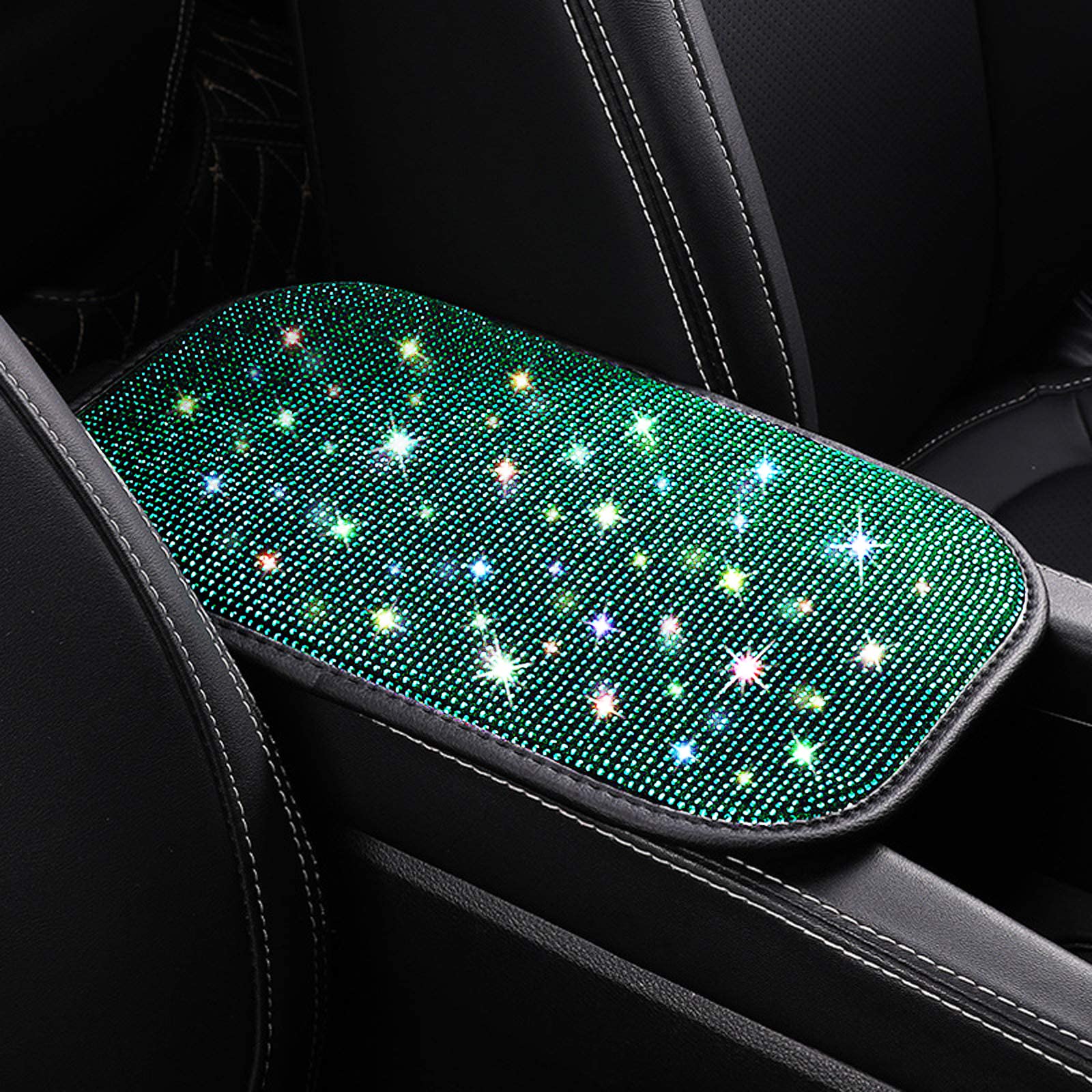 FUNOJOY Diamond Rhinestone Bling Car Armrest Cover - Green Luxury Car Accessories for Women | Interior Car Decor & Mother's Day Gift | Perfect for Sedans, SUVs and Daily Commuting