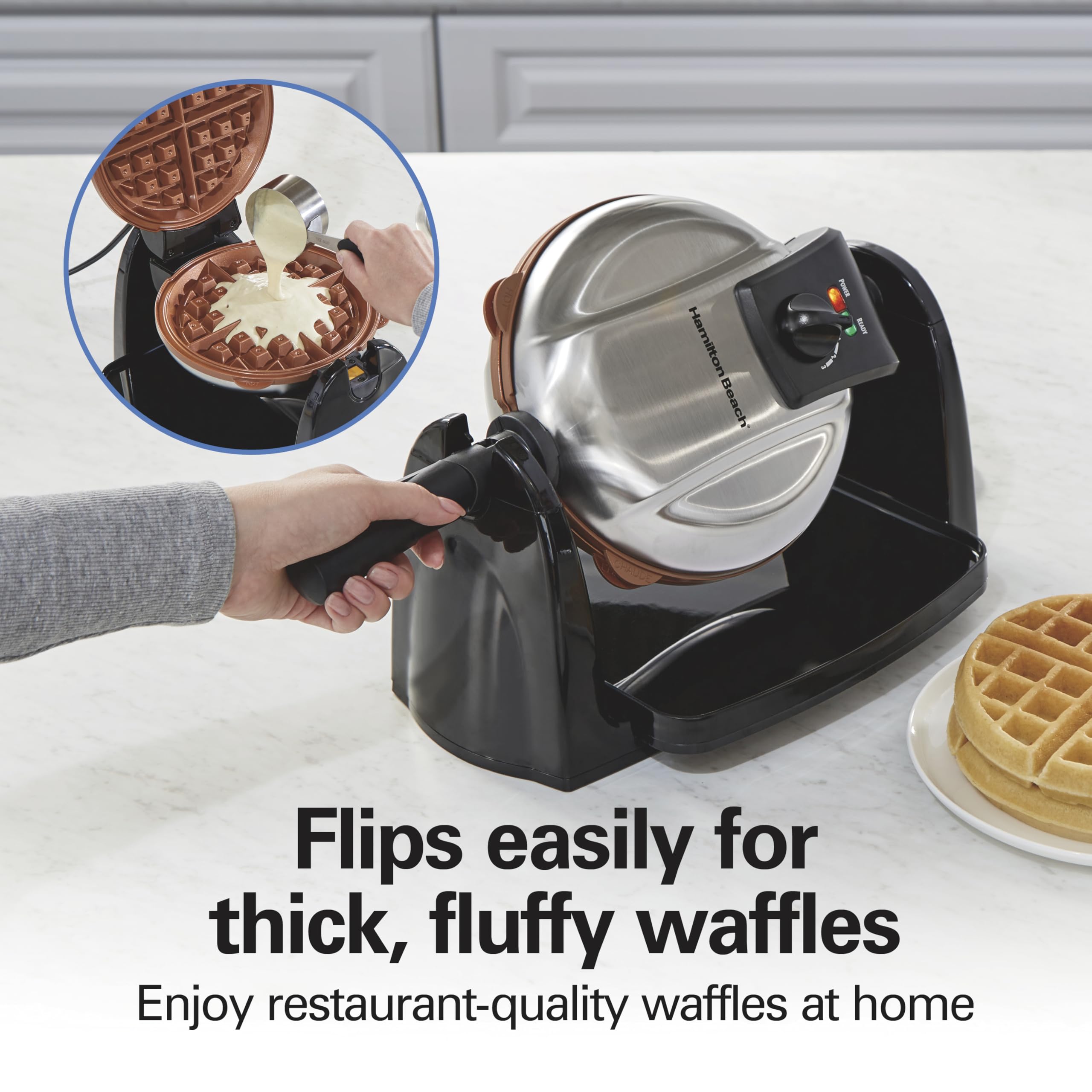 Hamilton Beach 26031 Belgian Waffle Maker - Removable Nonstick Plates, Single Flip, Ceramic Grids, Black - Perfect for Breakfast, Brunch & Family Gatherings