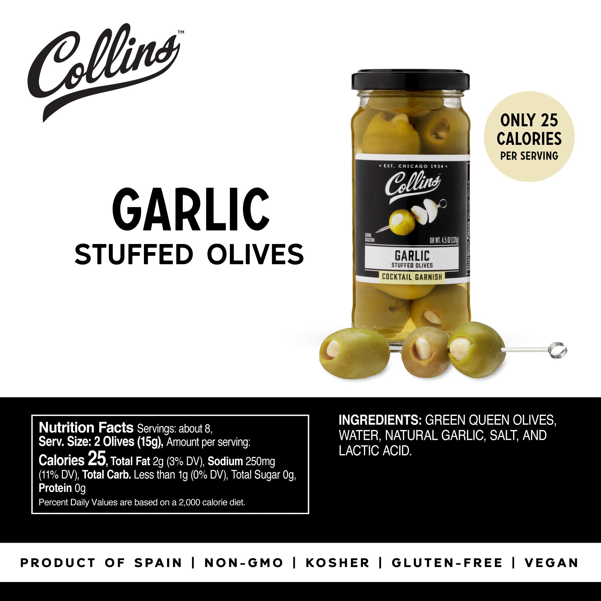Garlic Queen Olives 5 oz Jar - Premium Stuffed Green Olives with Garlic for Charcuterie Boards, Salads & Cocktails
