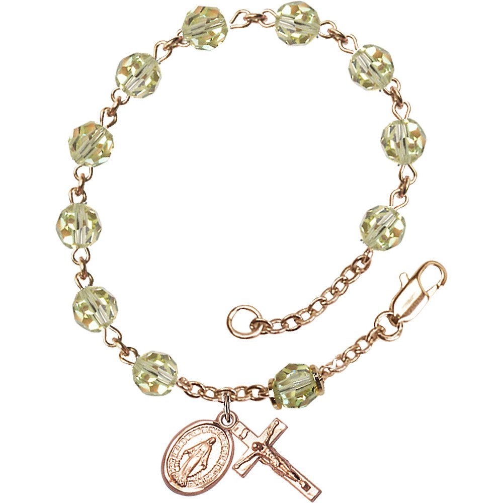 14Kt Yellow Gold Filled Rosary Bracelet with 6mm Aurora Borealis Austrian Crystal Beads & Crucifix Charm (5/8