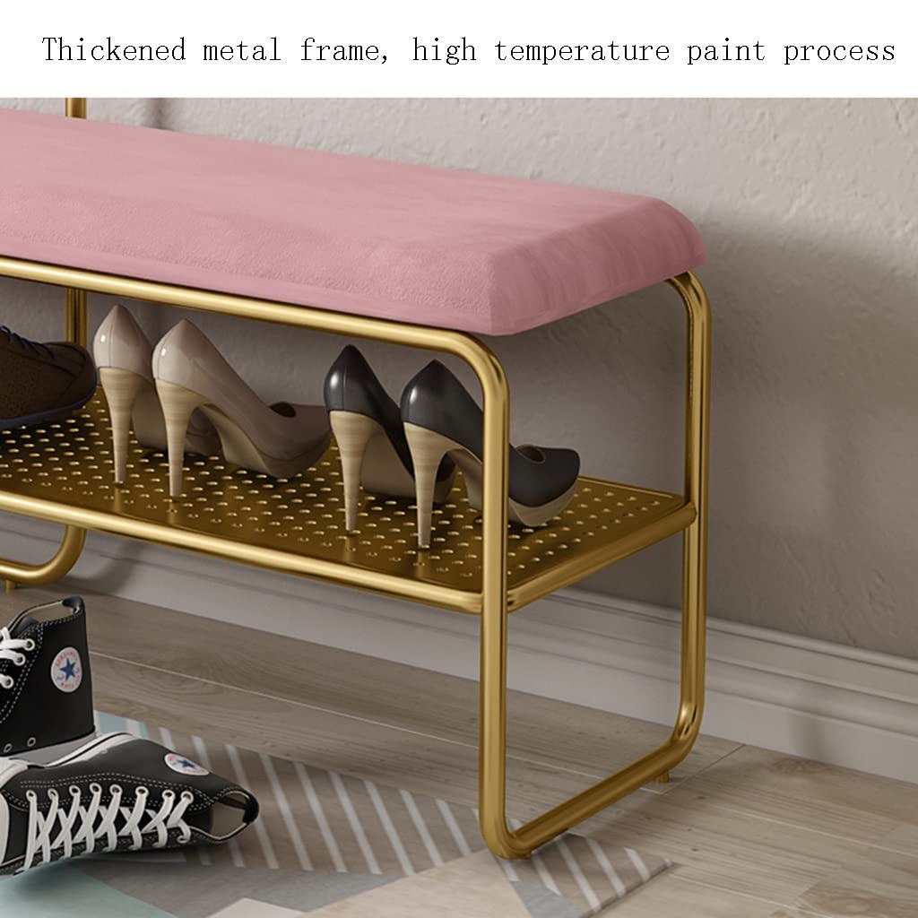 3-in-1 Entryway Coat Rack with Storage Bench & Shelf - Upholstered Seat Hall Tree for Living Room, Hallway - Metal Frame Easy Assembly (60x32x175cm, Gold+Pink) - Perfect for Small Spaces, Entry Organization & Shoe Storage