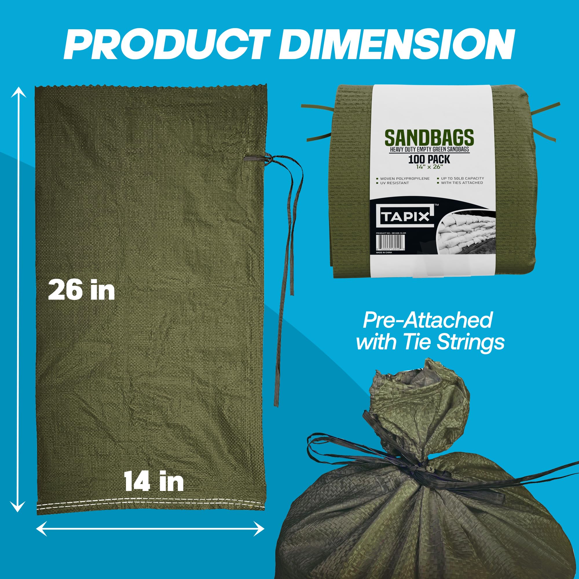 100-Pack Heavy Duty Military Green Sandbags with Ties - 14