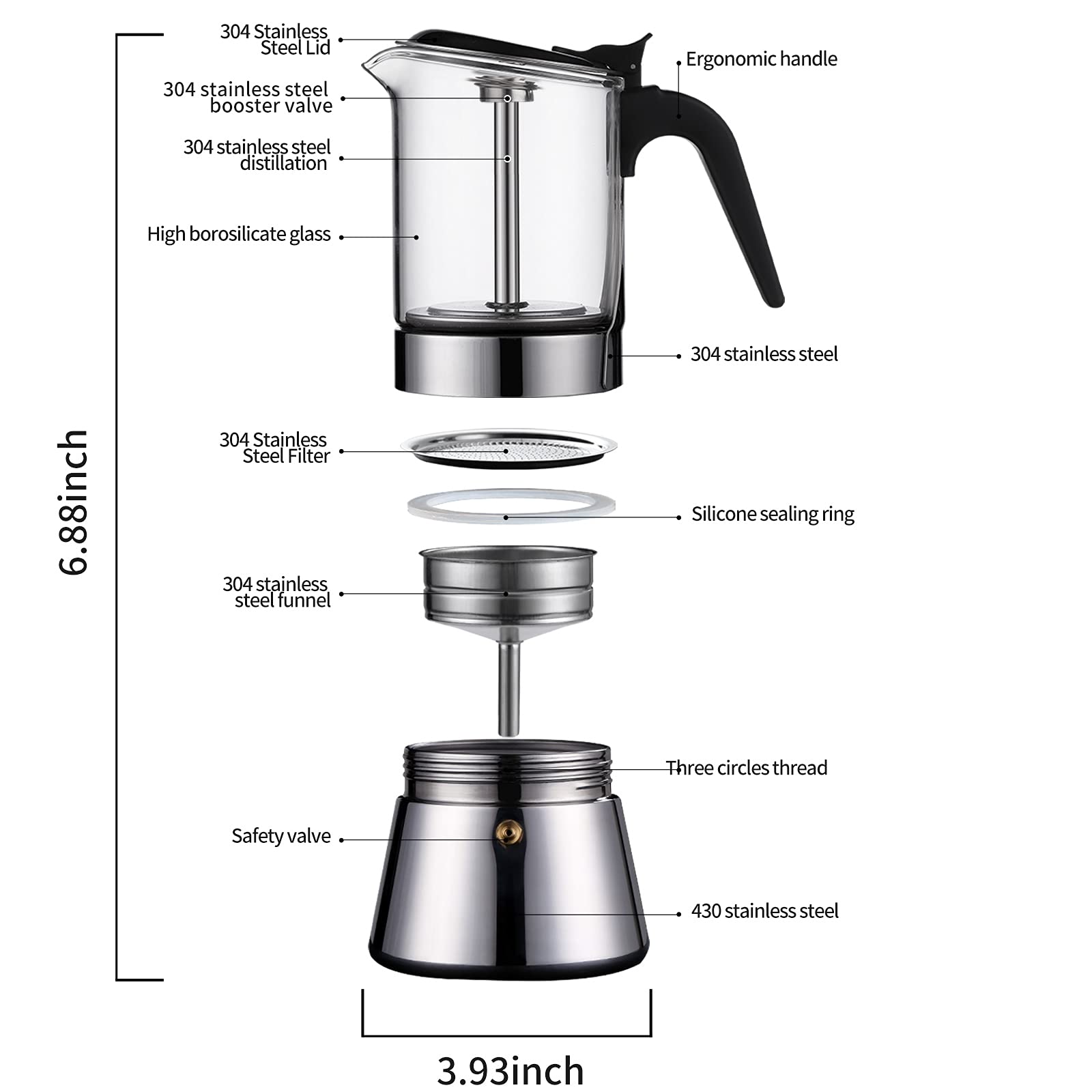 Moka Induction Stovetop Espresso Maker - 160ml Stainless Steel Italian Coffee Pot with Pressure Valve & Crystal Glass Top | Perfect for Home, Office & Camping Coffee Brewing