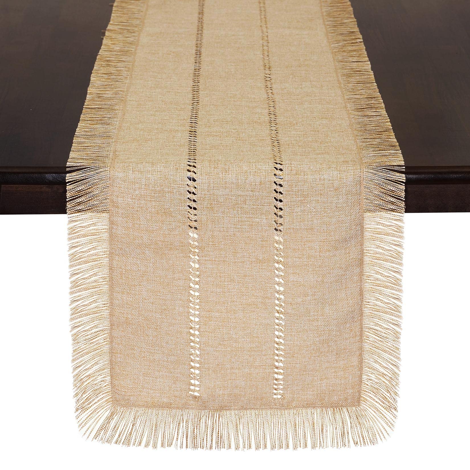 Grelucgo Farmhouse Rustic Beige Hemstitched Table Runner - 14x36 Inch Frayed Edge Dining Table Scarf & Dresser Cover - Perfect for Farmhouse Decor, Wedding Centerpiece & Rustic Home Accent