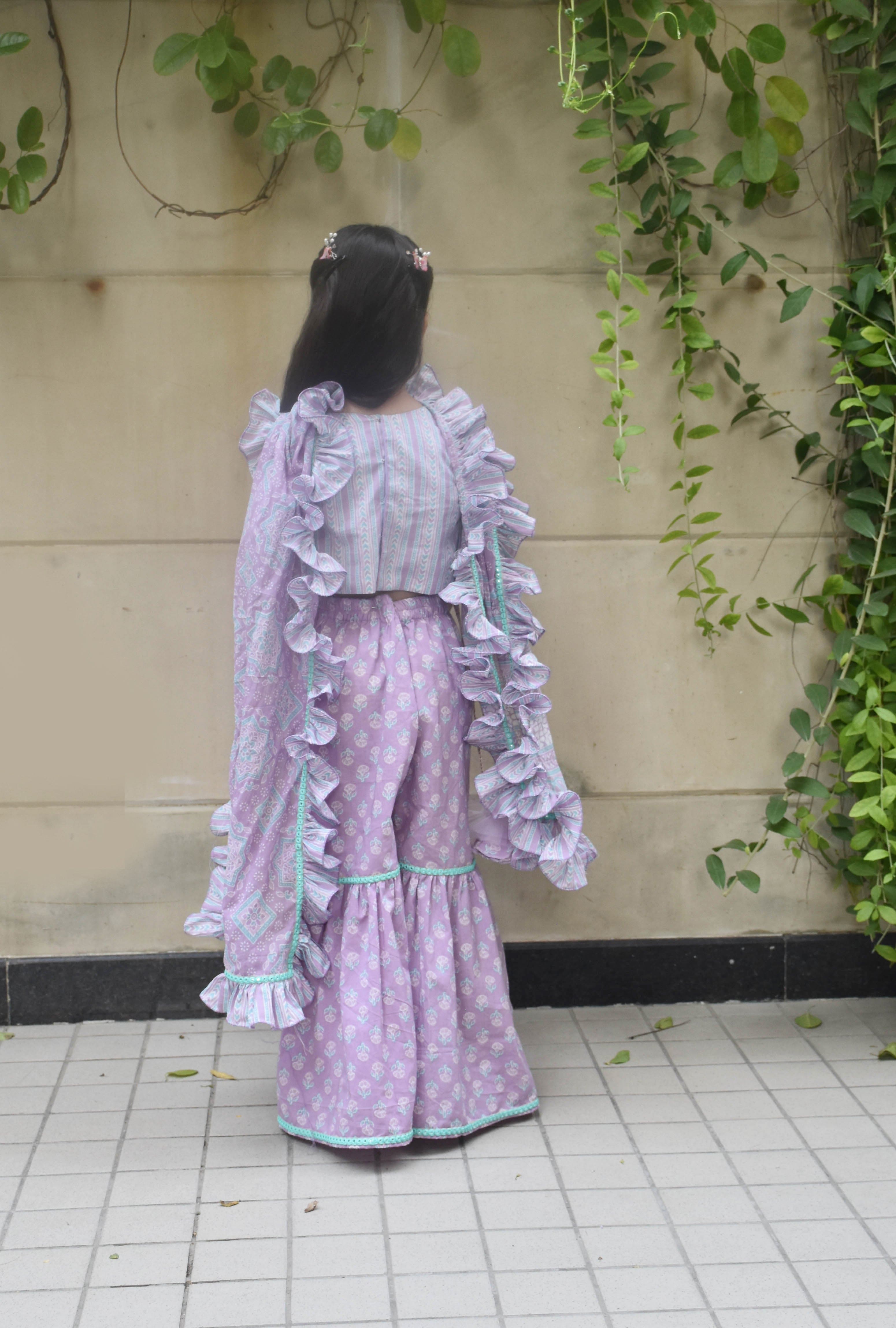 Pre Order: Elegant Lilac Printed Top with Matching Sharara Set - Perfect for Weddings, Parties & Festive Occasions