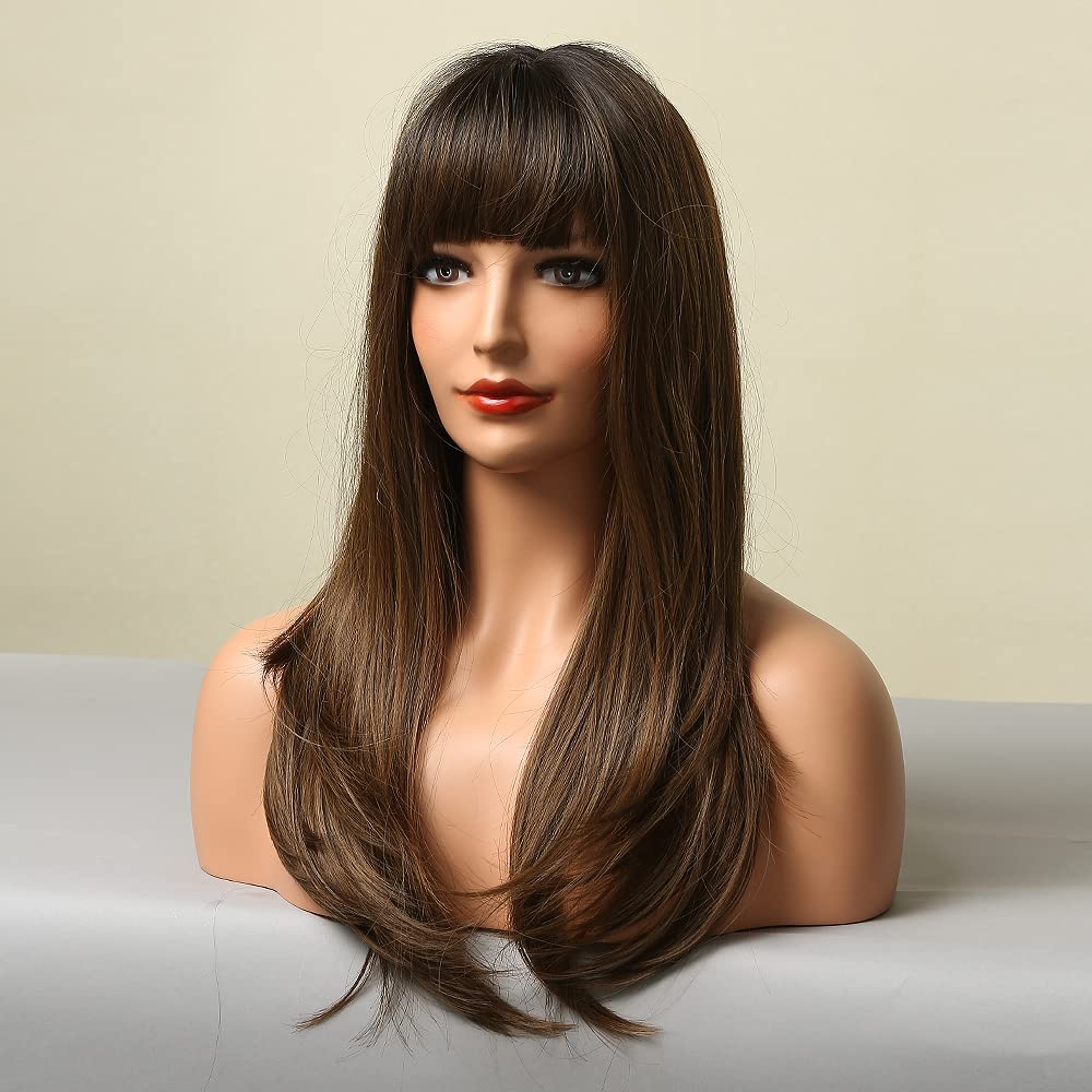 HAIRCUBE Brown Long Straight Layered Synthetic Wig with Bangs for Women - Heat Resistant Fiber, Natural Looking Everyday Wig for Cosplay, Parties & Daily Wear