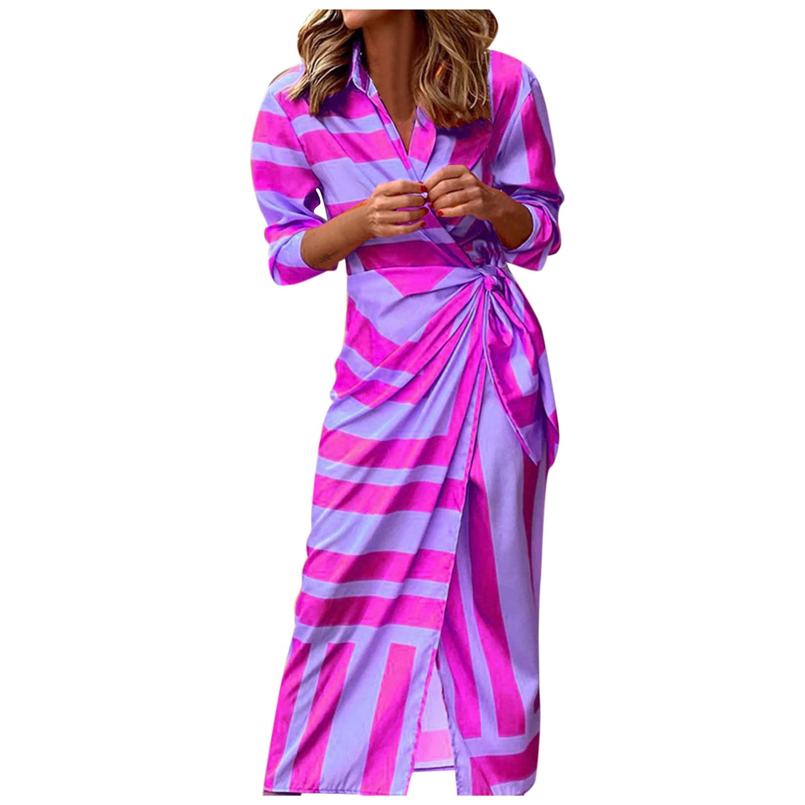 Elegant Women's Printed Half Sleeve Knotted Colorblock Striped Shirt Dress - Loose Fit Black Dress for Casual Wear, Office, and Summer Outings