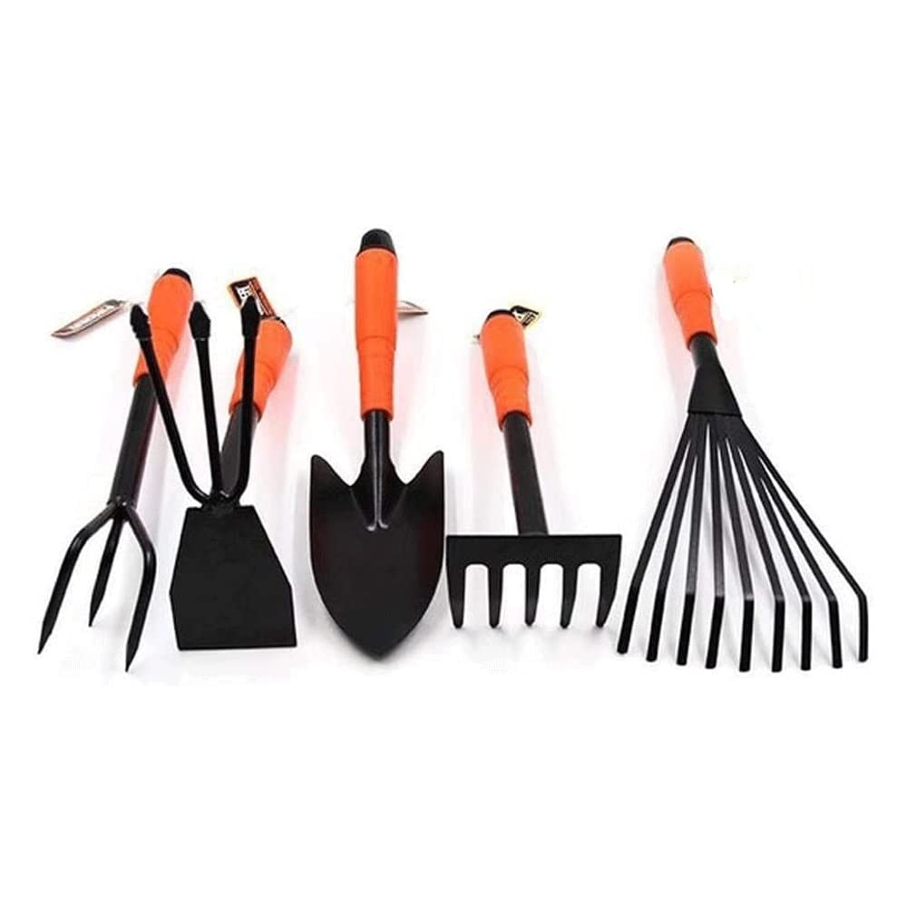 5-Piece Garden Tool Set - Trowel, 5-Teeth Rake, 9-Teeth Leaf Rake, Double Hoe, Cultivator with High Carbon Steel Heads - Perfect for Planting, Weeding & Landscaping