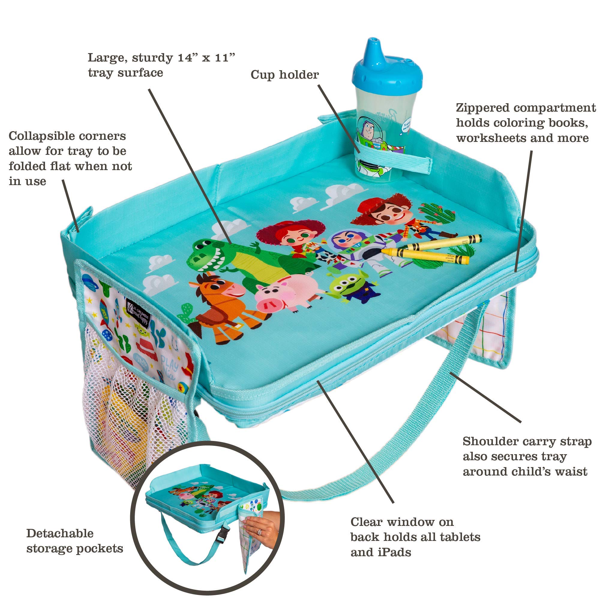 J.L. Childress Disney Baby 3-in-1 Travel Tray & iPad Tablet Holder - Car Seat Lap Tray for Toddlers and Kids - Portable Toddler Travel Accessories for Airplanes, Road Trips, and Lap Desk - Includes Toy Story Themed Tablet Holder and Carry Bag - Perfect for Road Trips, Air Travel, and Dining On-The-Go
